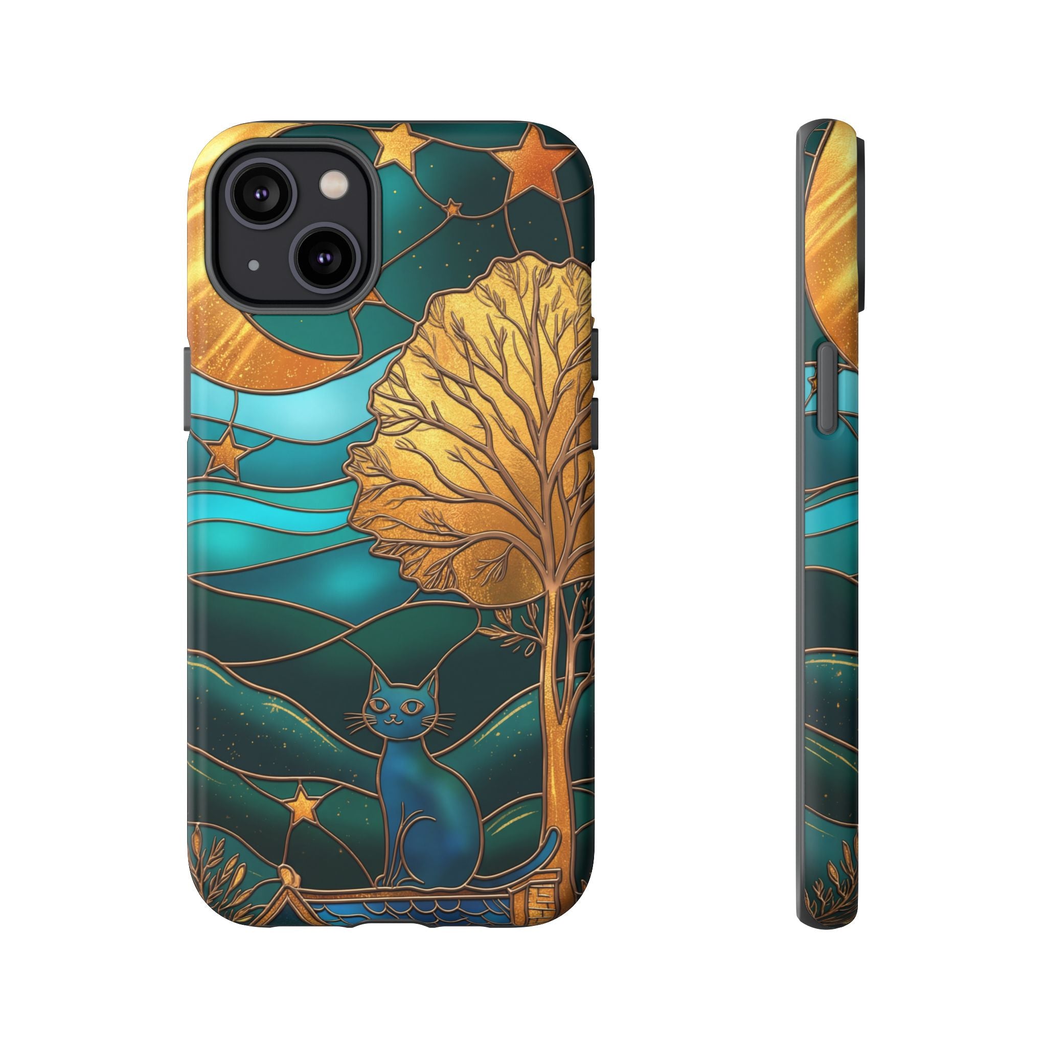 Stained Glass Cat Tough iPhone Case — Gold Tree & Starry Night Design