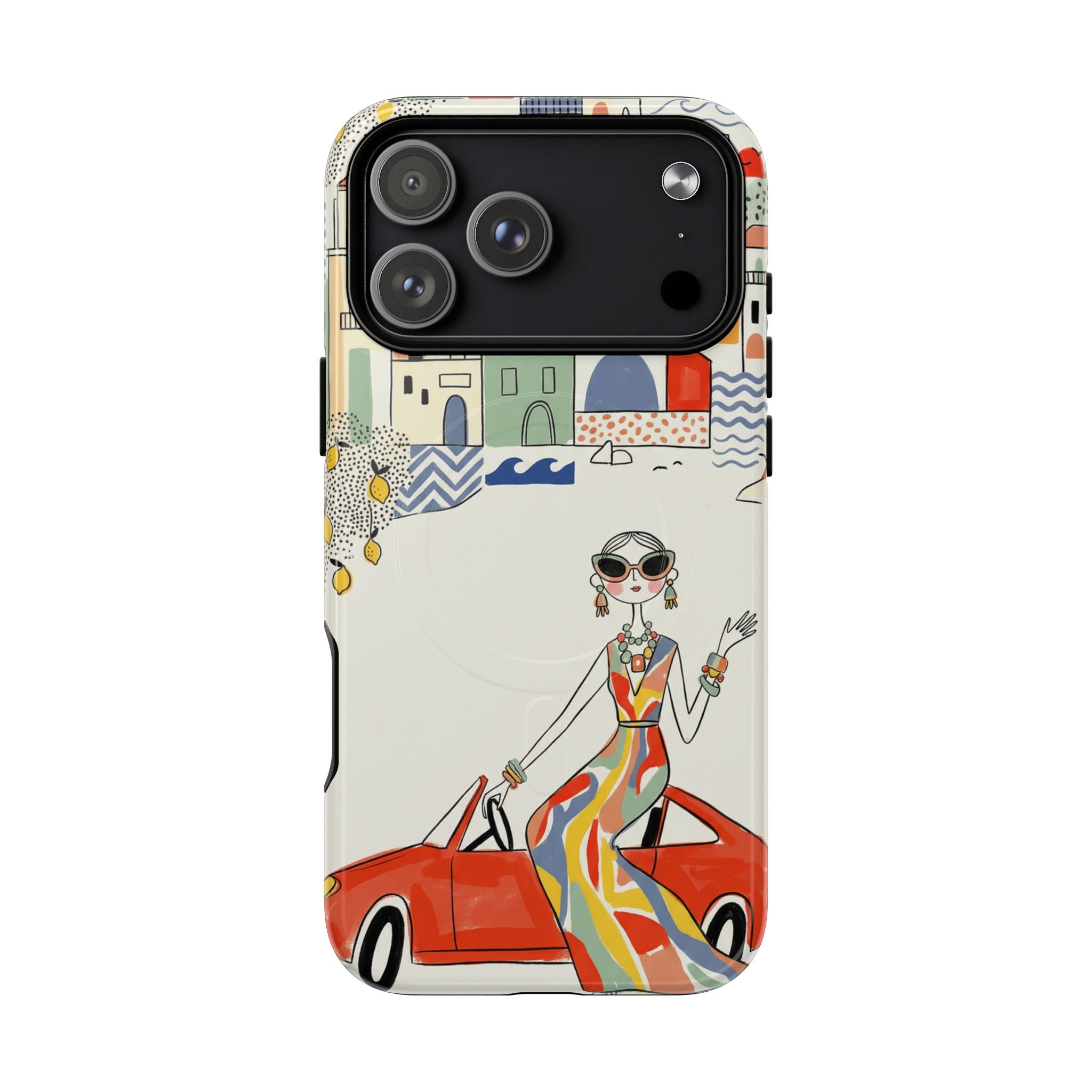 Stylish Riviera MagSafe iPhone Case | Chic Retro Woman in Convertible Design