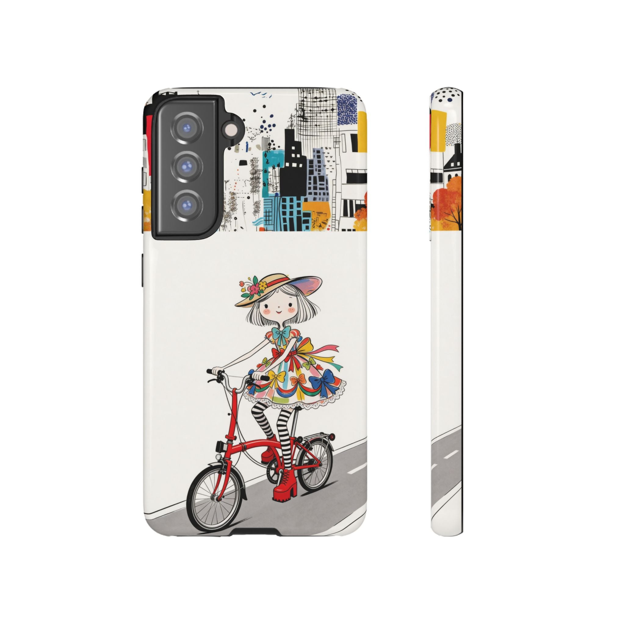 Whimsical Girl on Brompton Bicycle Urban Illustration Samsung Galaxy Phone Case