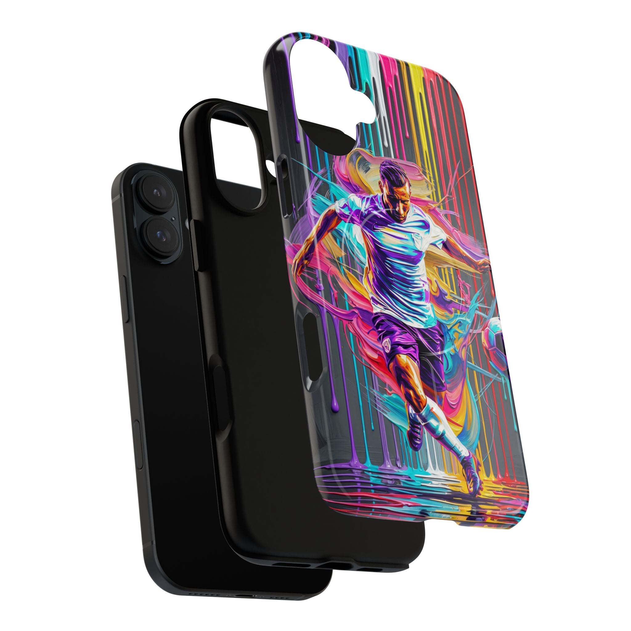 Soccer Player Neon Art MagSafe iPhone Case | Vibrant Football Kick Protective Cover