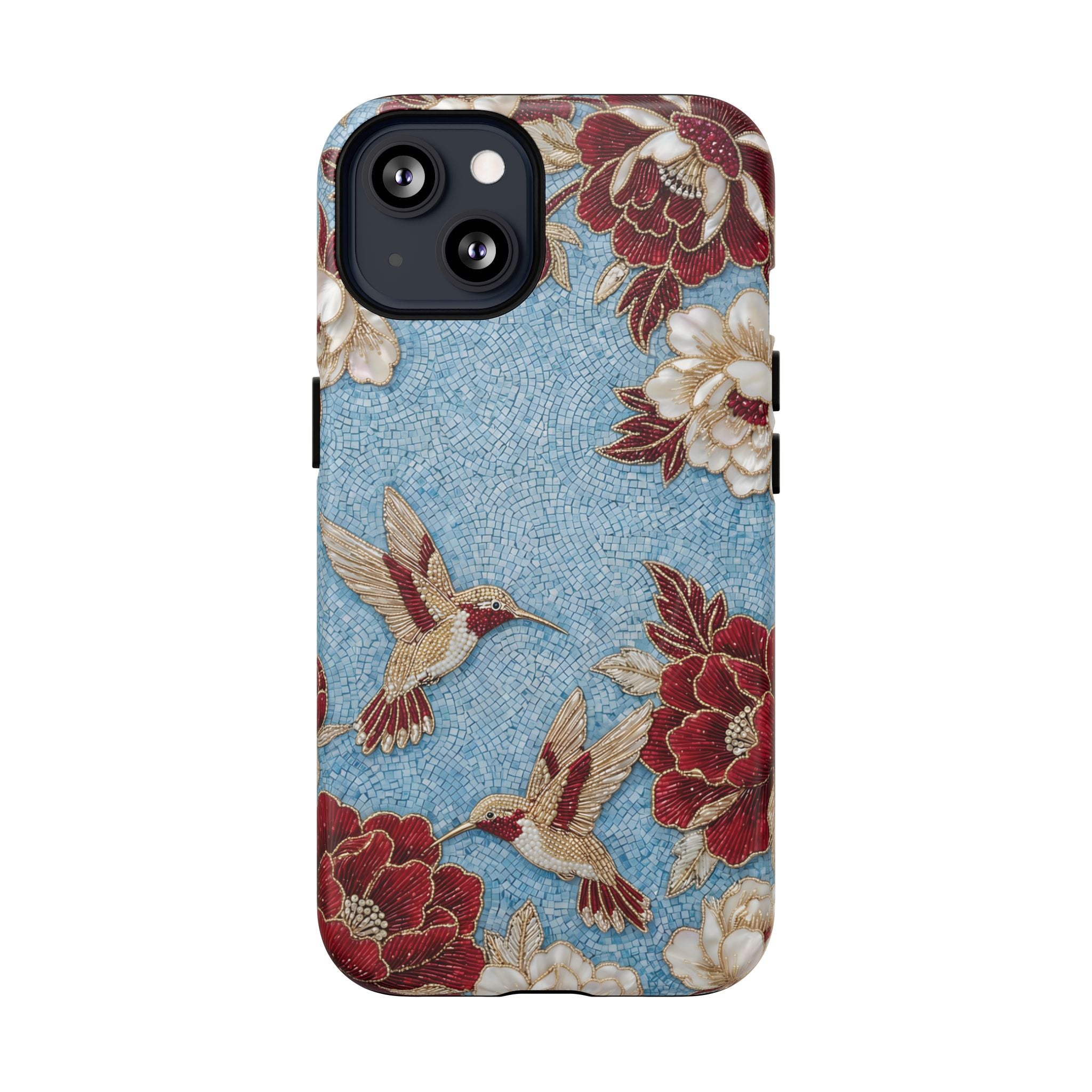 Floral Hummingbird Tough MagSafe iPhone Case | Vintage Blue & Burgundy Botanical Design