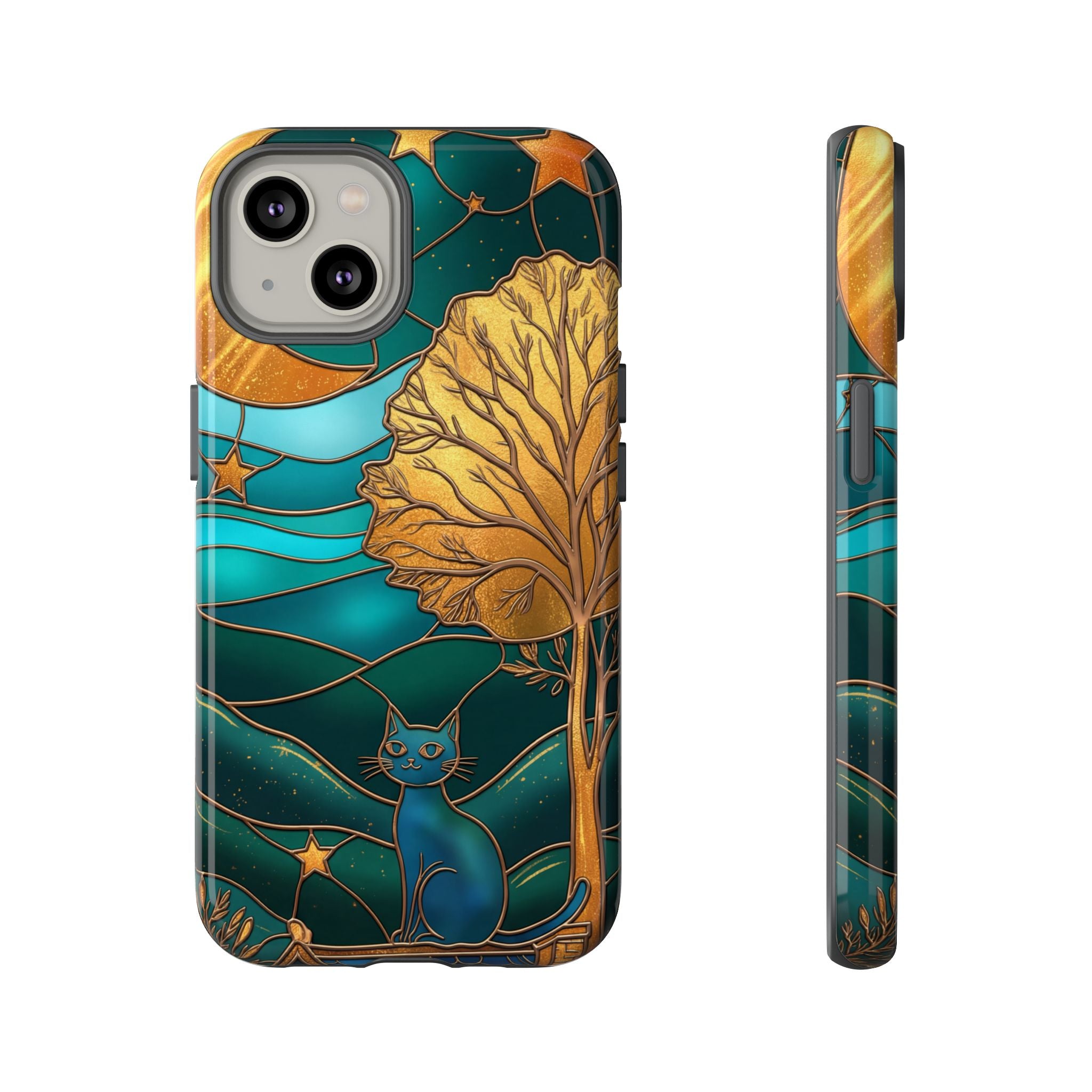 Stained Glass Cat Tough iPhone Case — Gold Tree & Starry Night Design