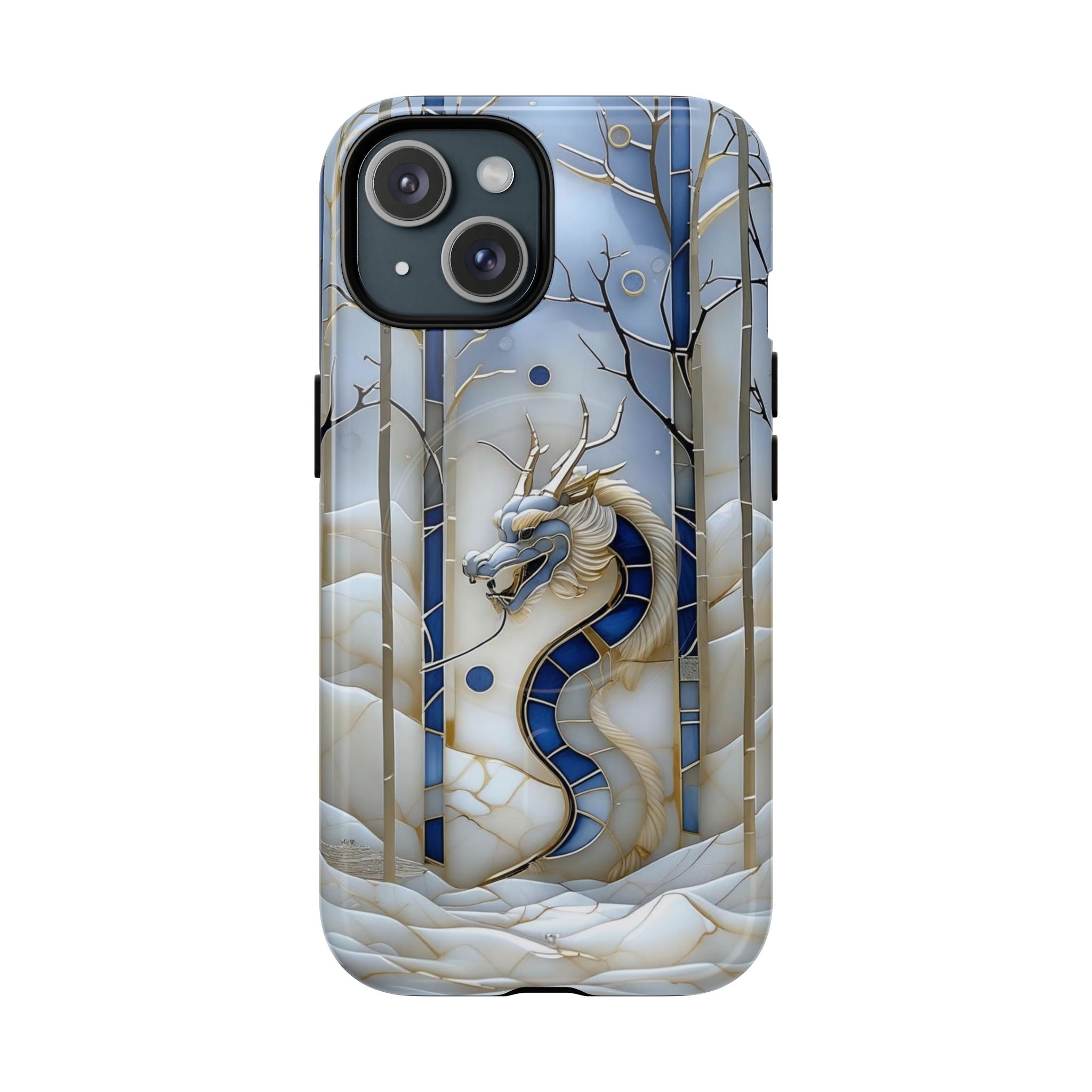 Dragon Stained Glass Tough MagSafe Phone Case — Blue & Ivory Medieval Art