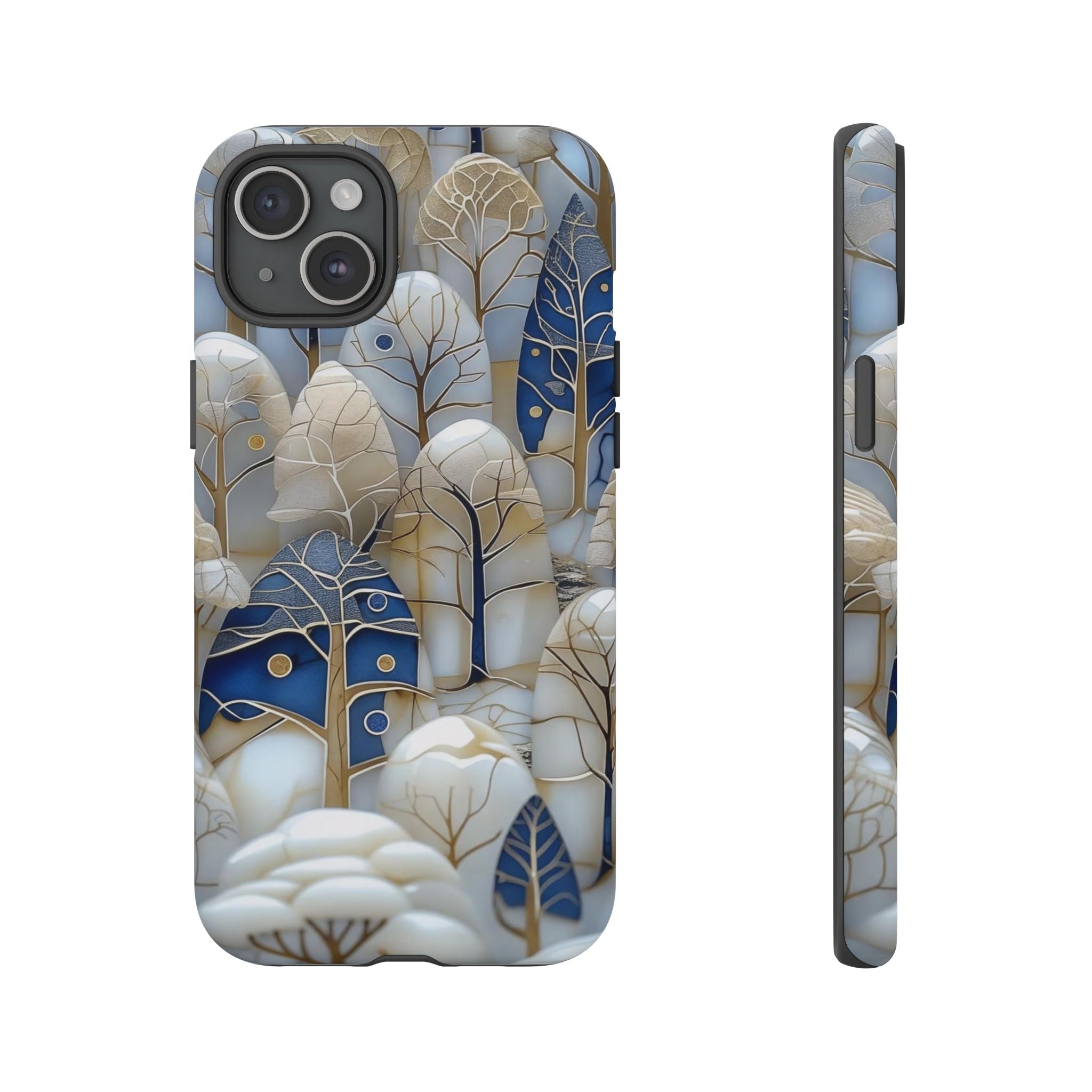 Blue Gold Winter Forest iPhone Case — Elegant Tree Pattern Tough Case