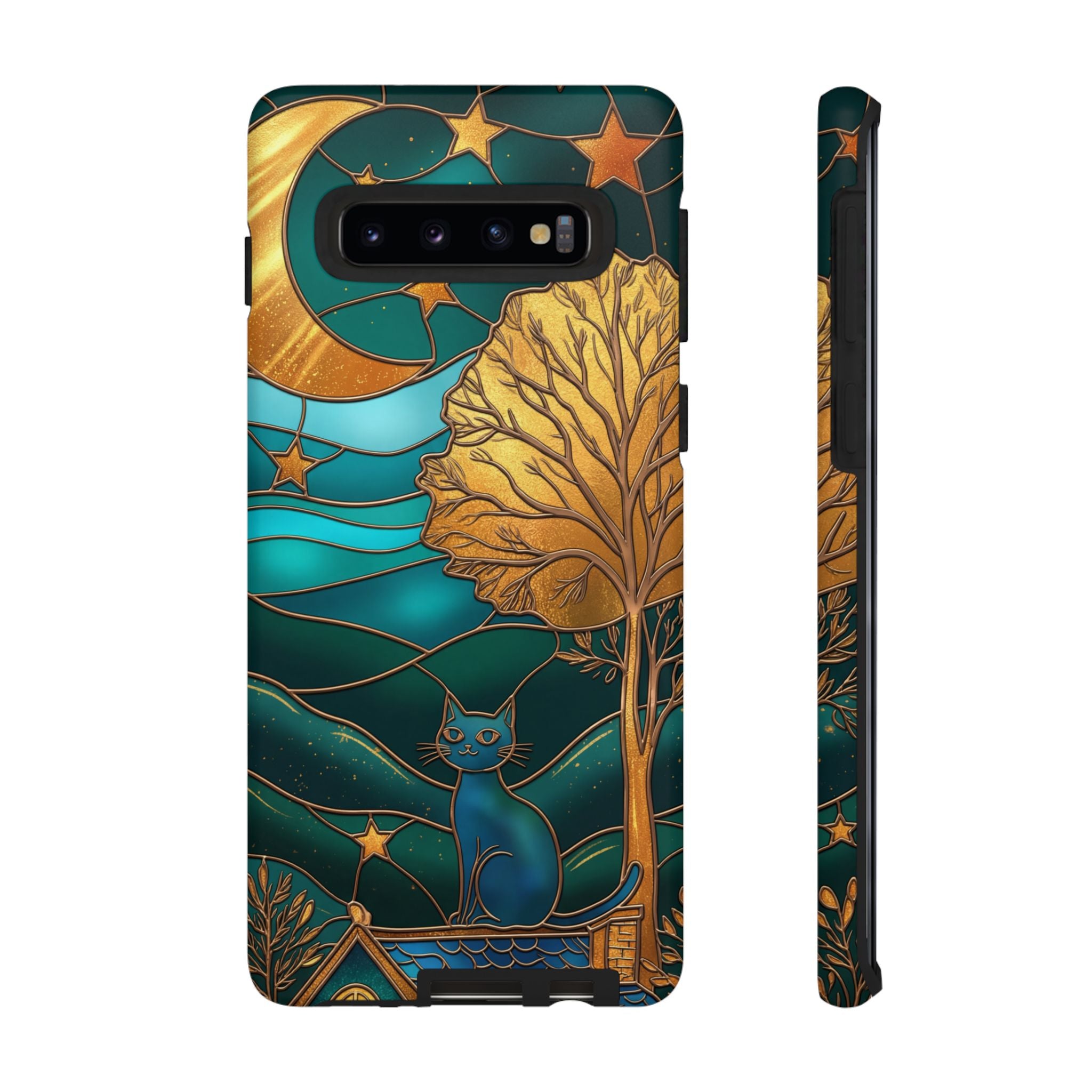 Stained Glass Cat Tough Samsung Galaxy Case | Gold Tree & Starry Night Design