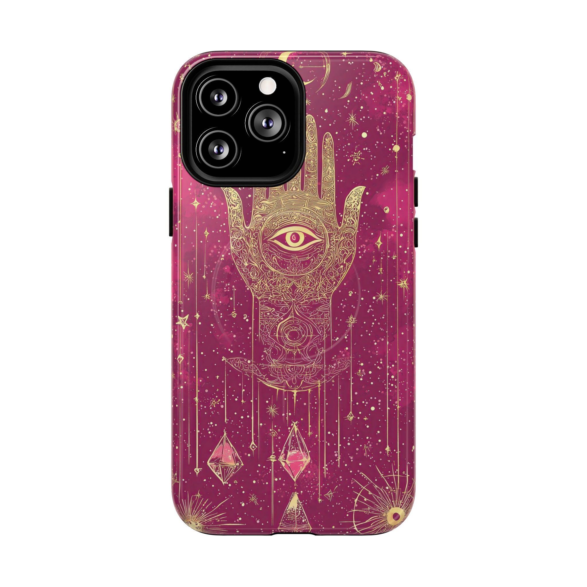 Custodia MagSafe per iPhone Mystic Hamsa | Palma dorata e occhio onniveggente su galassia magenta