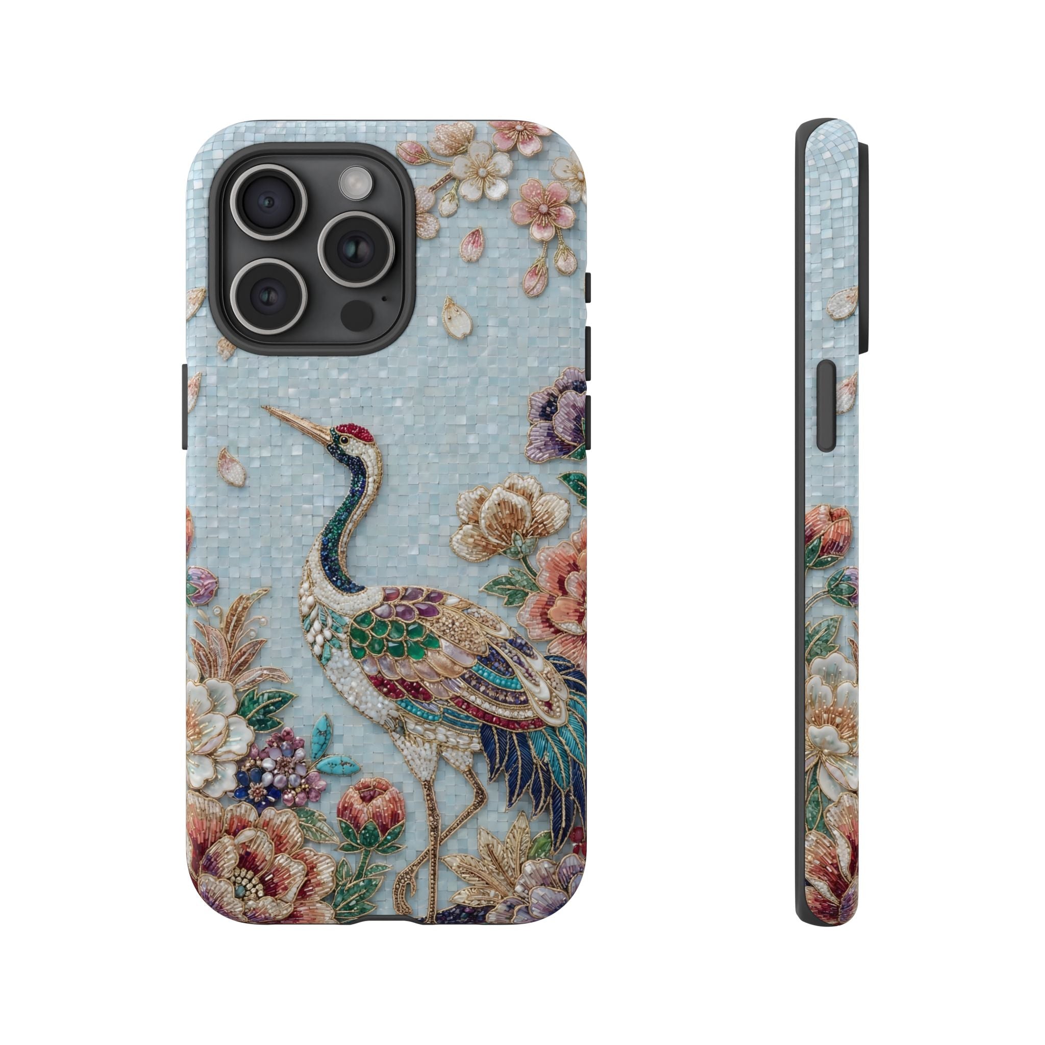 Floral Crane Tough iPhone Case | Vintage Embroidered Bird Protection