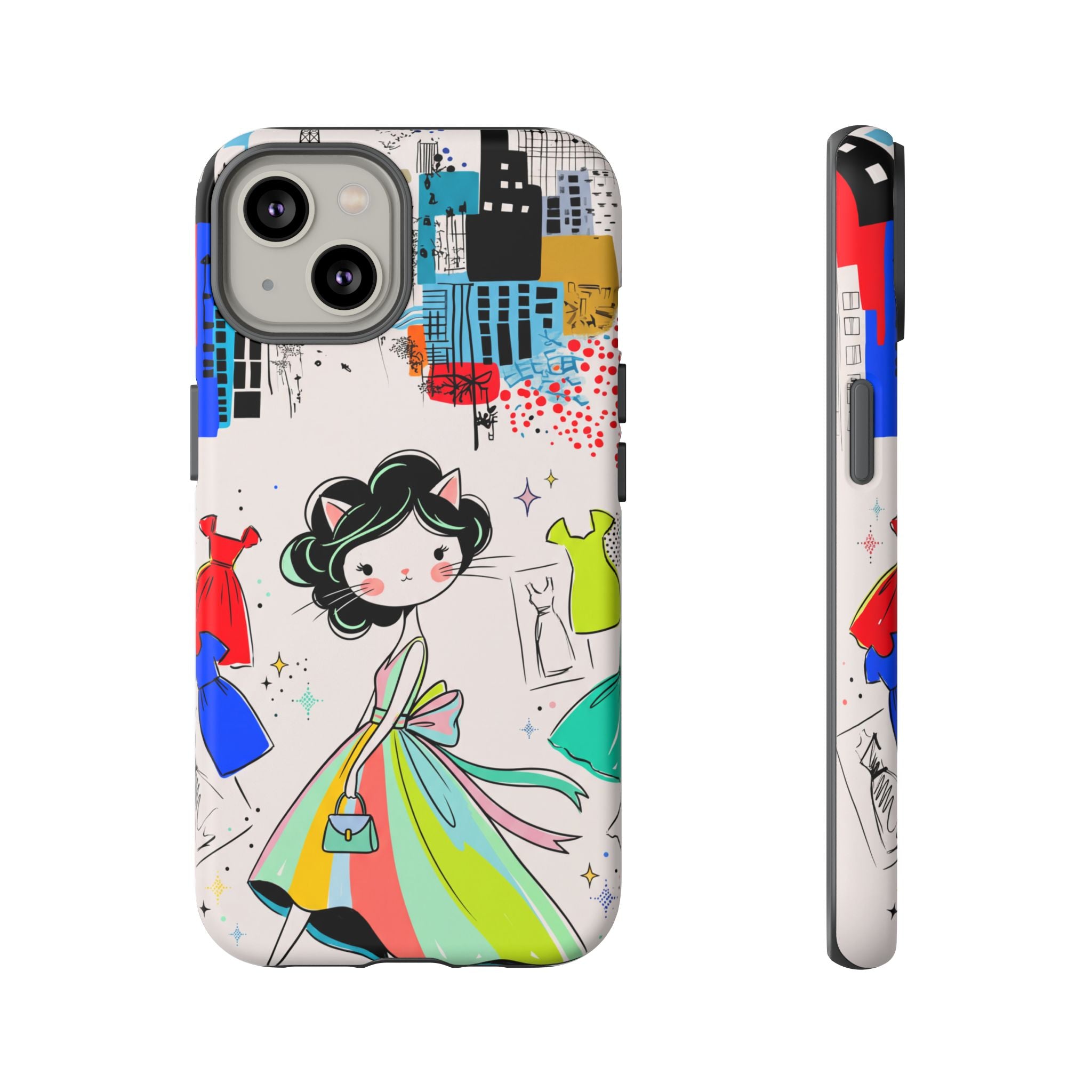 Retro Fashion Cat Girl iPhone Case | Cute Dress & City Print