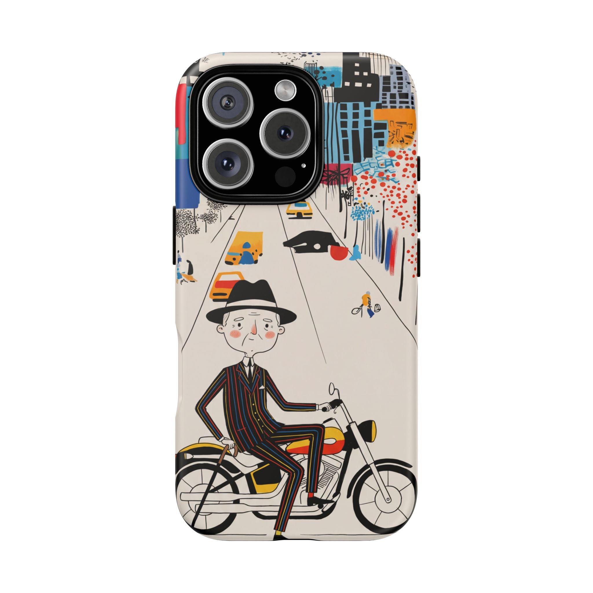 Vintage Grandpa Rider Motorcycle iPhone Case | Illustrated Cityscape