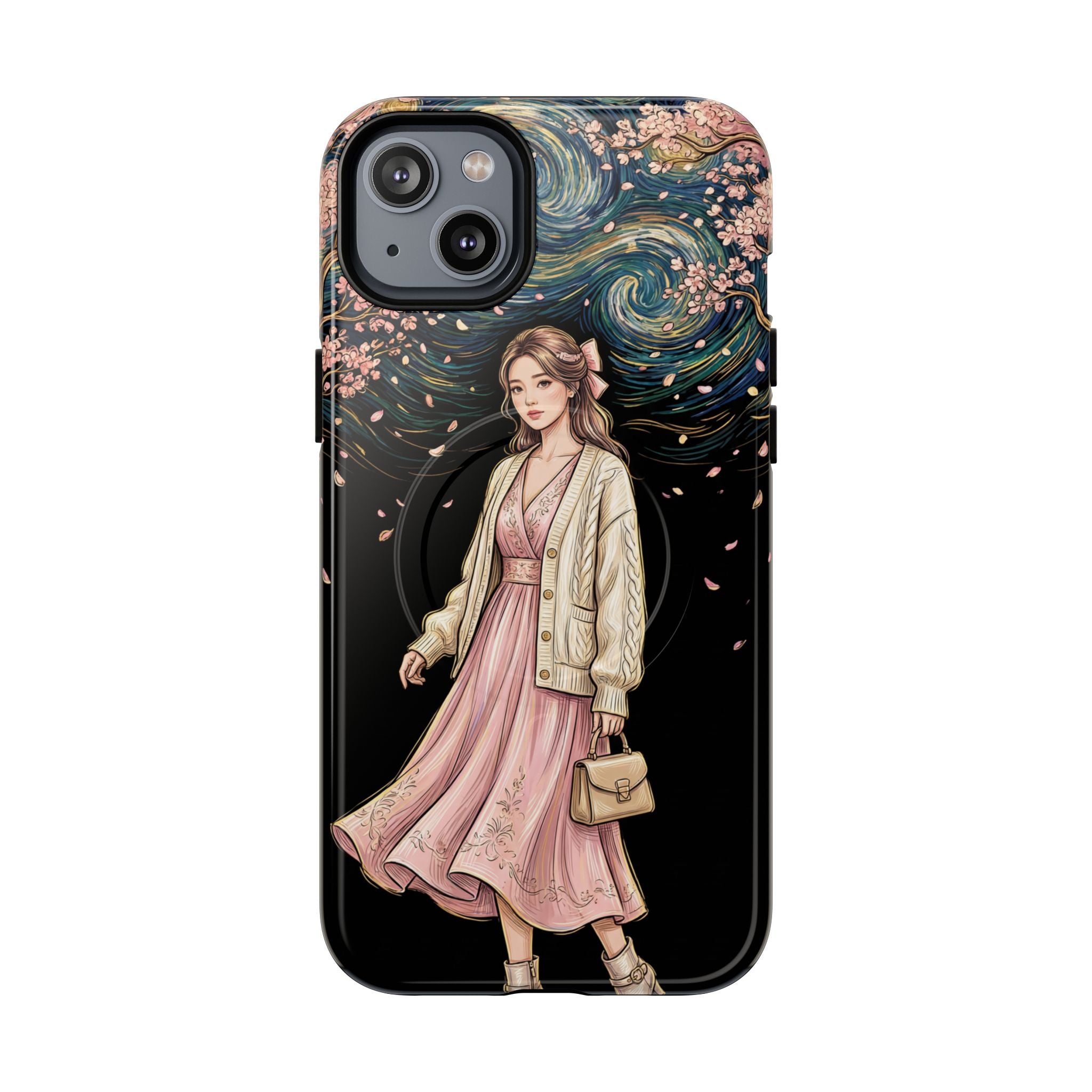 Floral Starry Night MagSafe iPhone Case | Elegant Girl in Pink Dress
