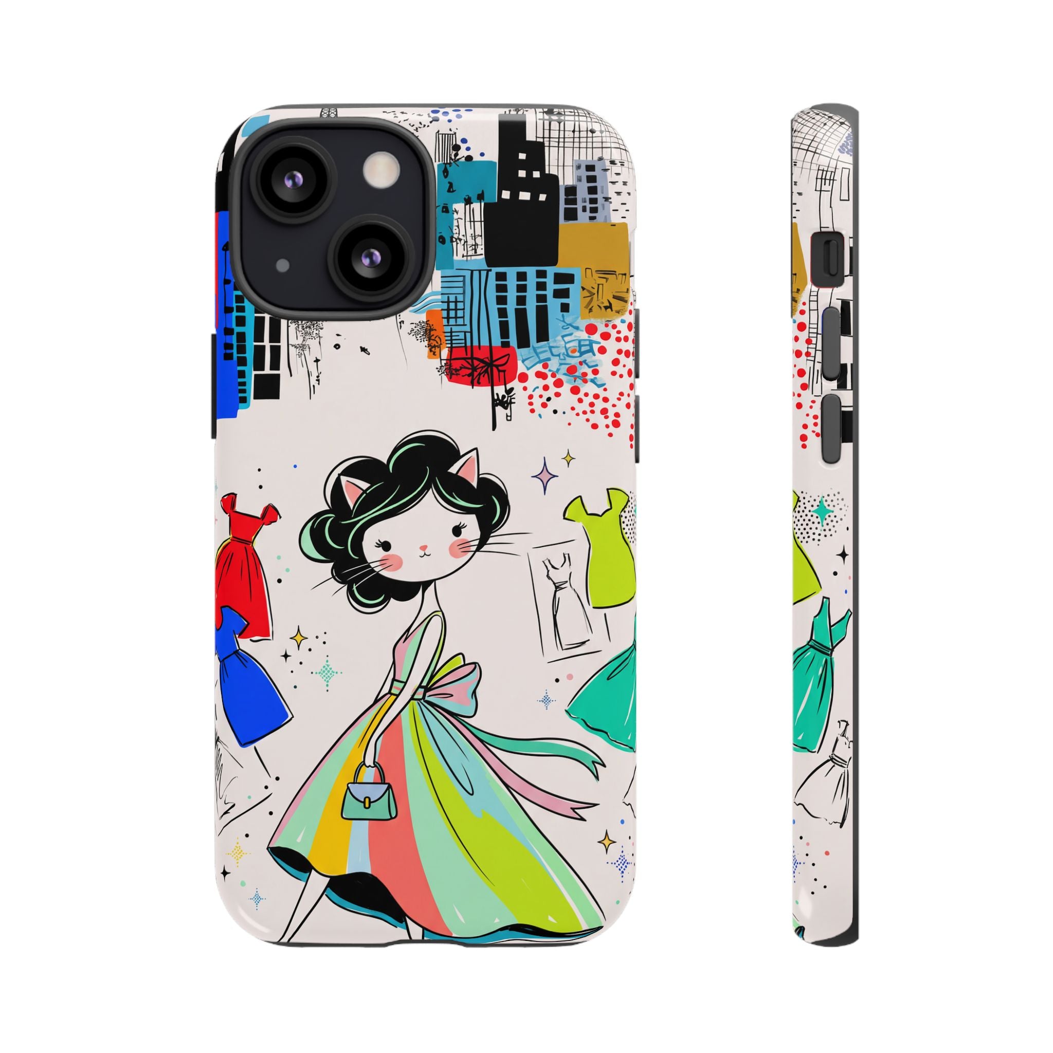 Retro Fashion Cat Girl iPhone Case | Cute Dress & City Print
