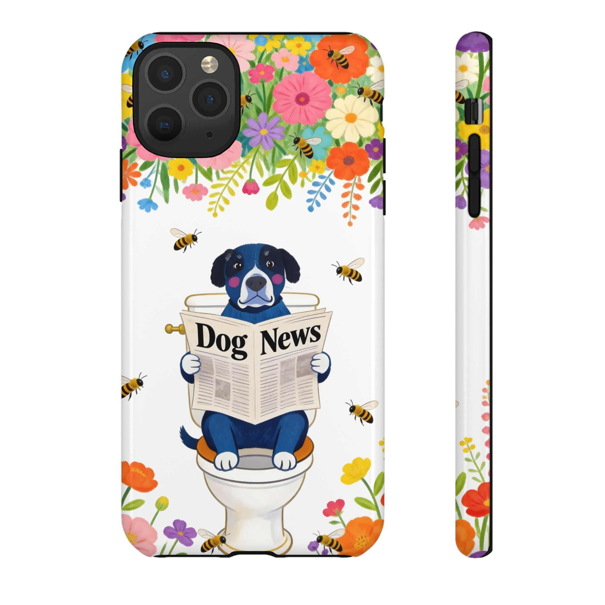 Dog News Floral iPhone Case | Cute Dog on Toilet Pattern, Spring Floral iPhone Cover