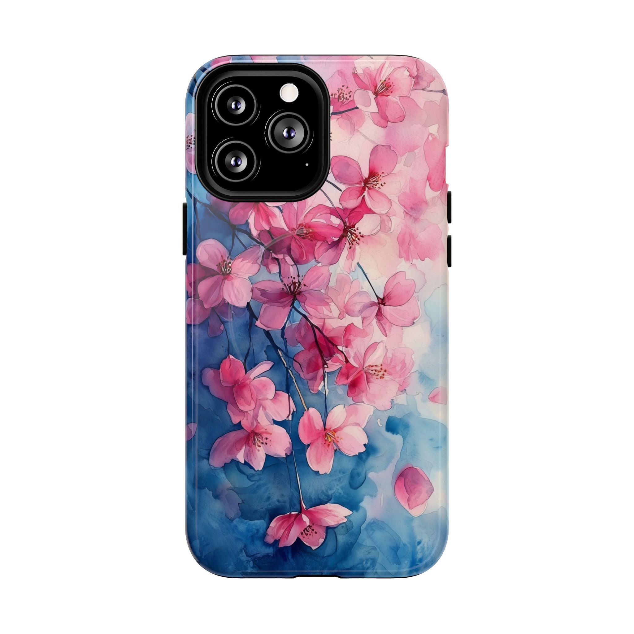 Custodia MagSafe per iPhone con motivo floreale di ciliegio in fiore | Acquerello rosa e blu