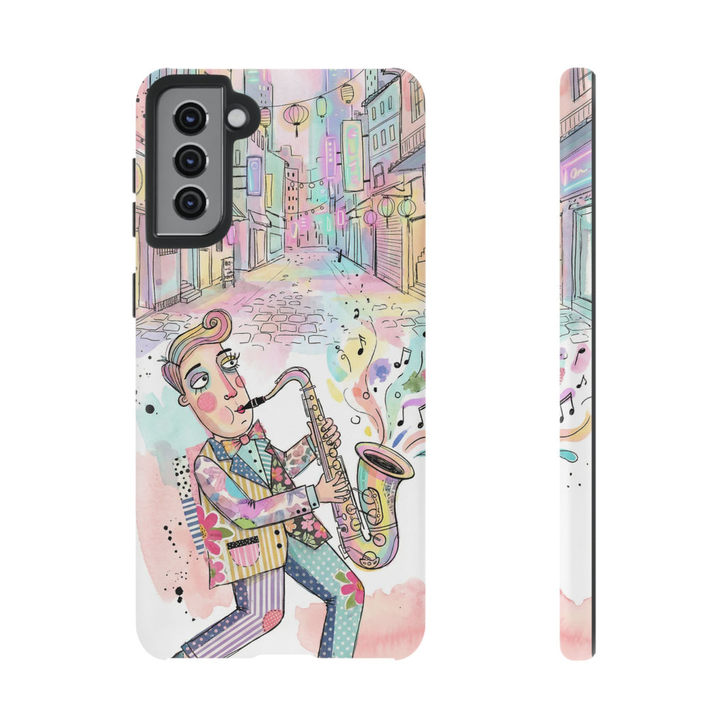 Sax Player Art Samsung Galaxy Phone Case | Pastel Jazz Street Illustration