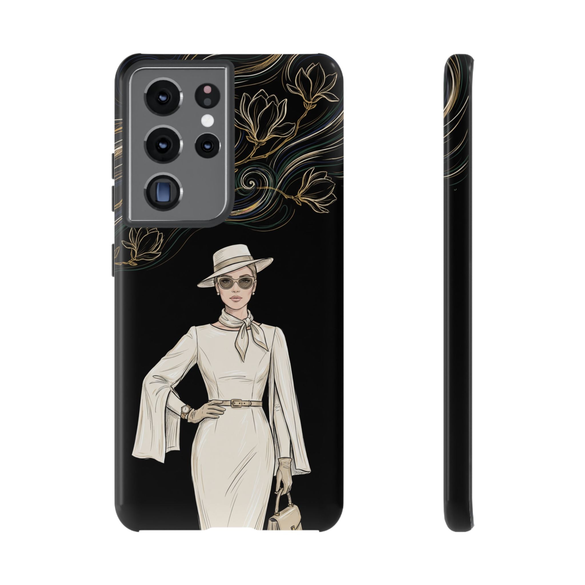 Samsung Galaxy Phone Case | Elegant Vintage Lady with Gold Floral Swirls