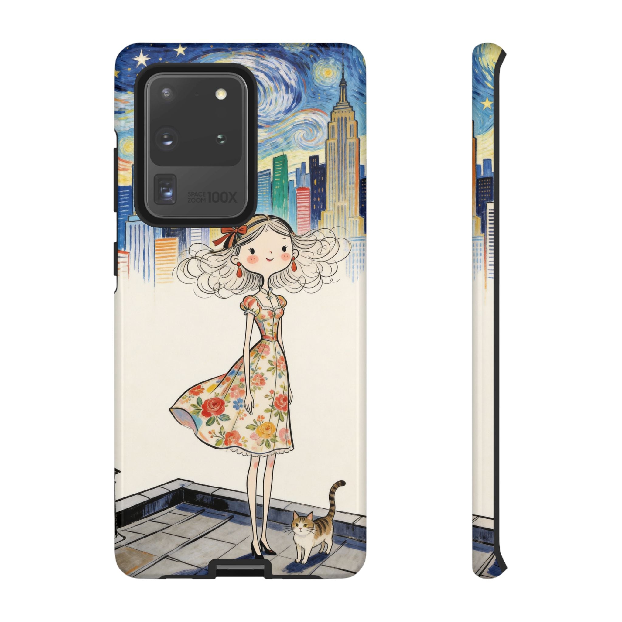 Artistic Girl Cityscape Samsung Galaxy Phone Case | Cute Floral Dress Rooftop Design