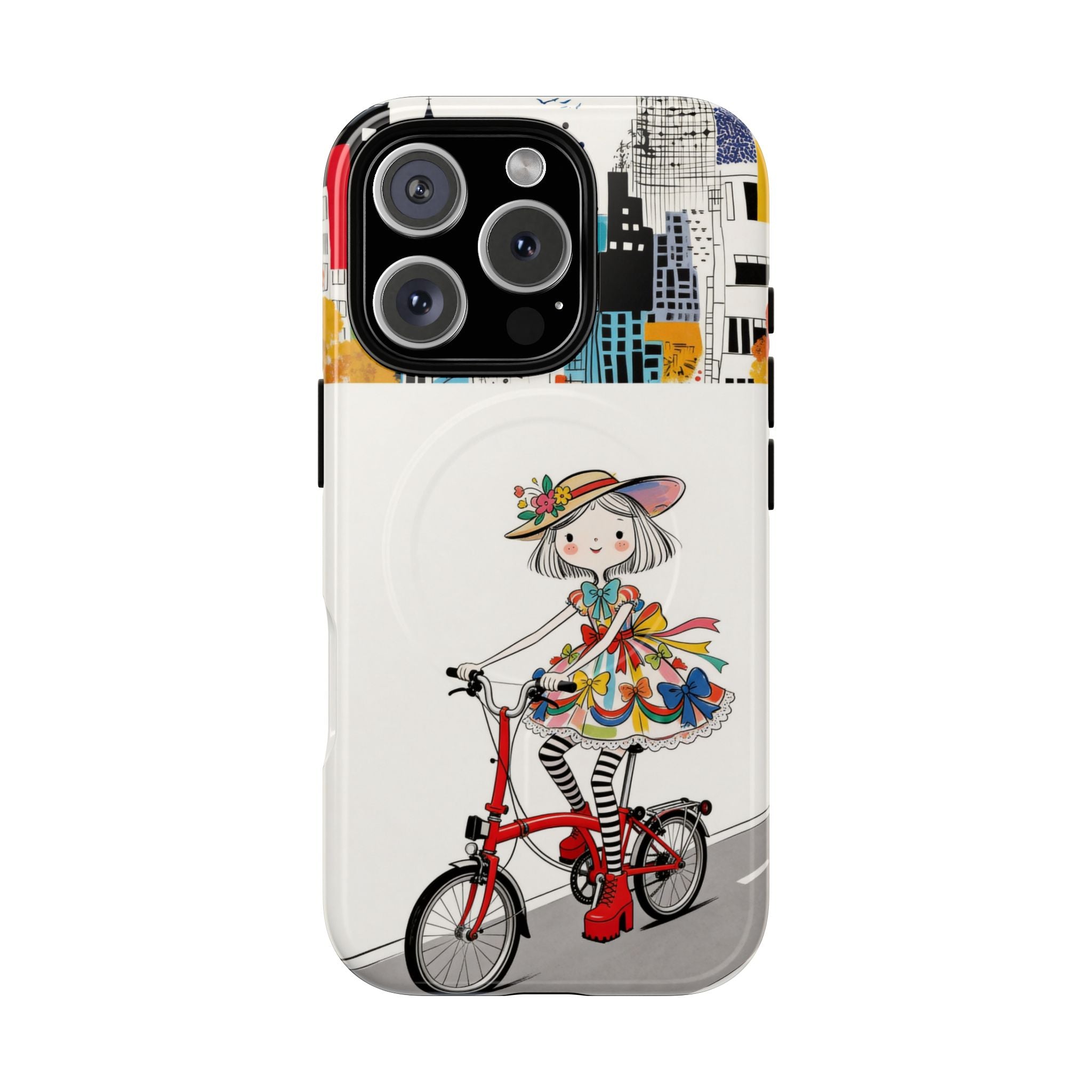 Whimsical Girl on Brompton Bicycle Urban Illustration MagSafe iPhone Case