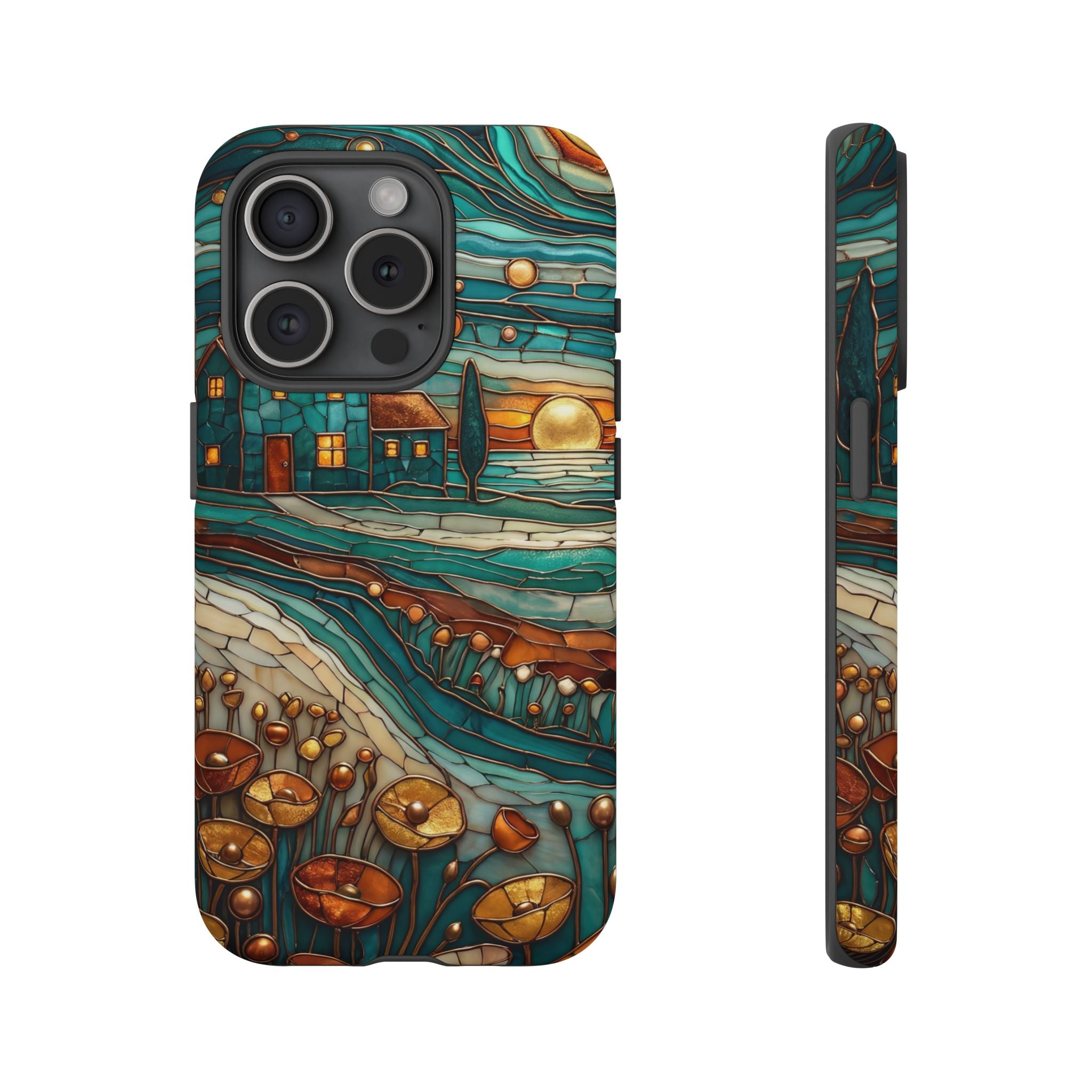 Artistic Sunset Cottage iPhone Case | Whimsical Floral Landscape Protective Cover