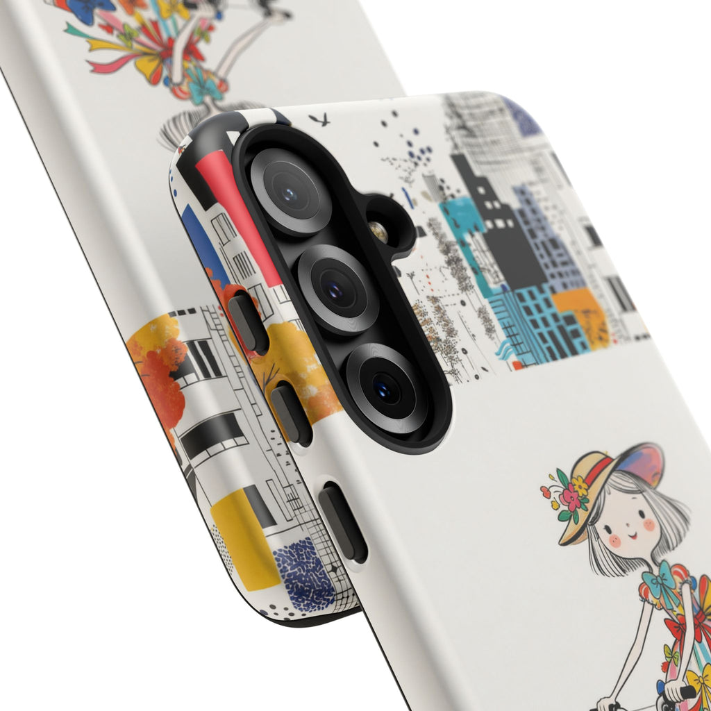Whimsical Girl on Brompton Bicycle Urban Illustration Samsung Galaxy Phone Case