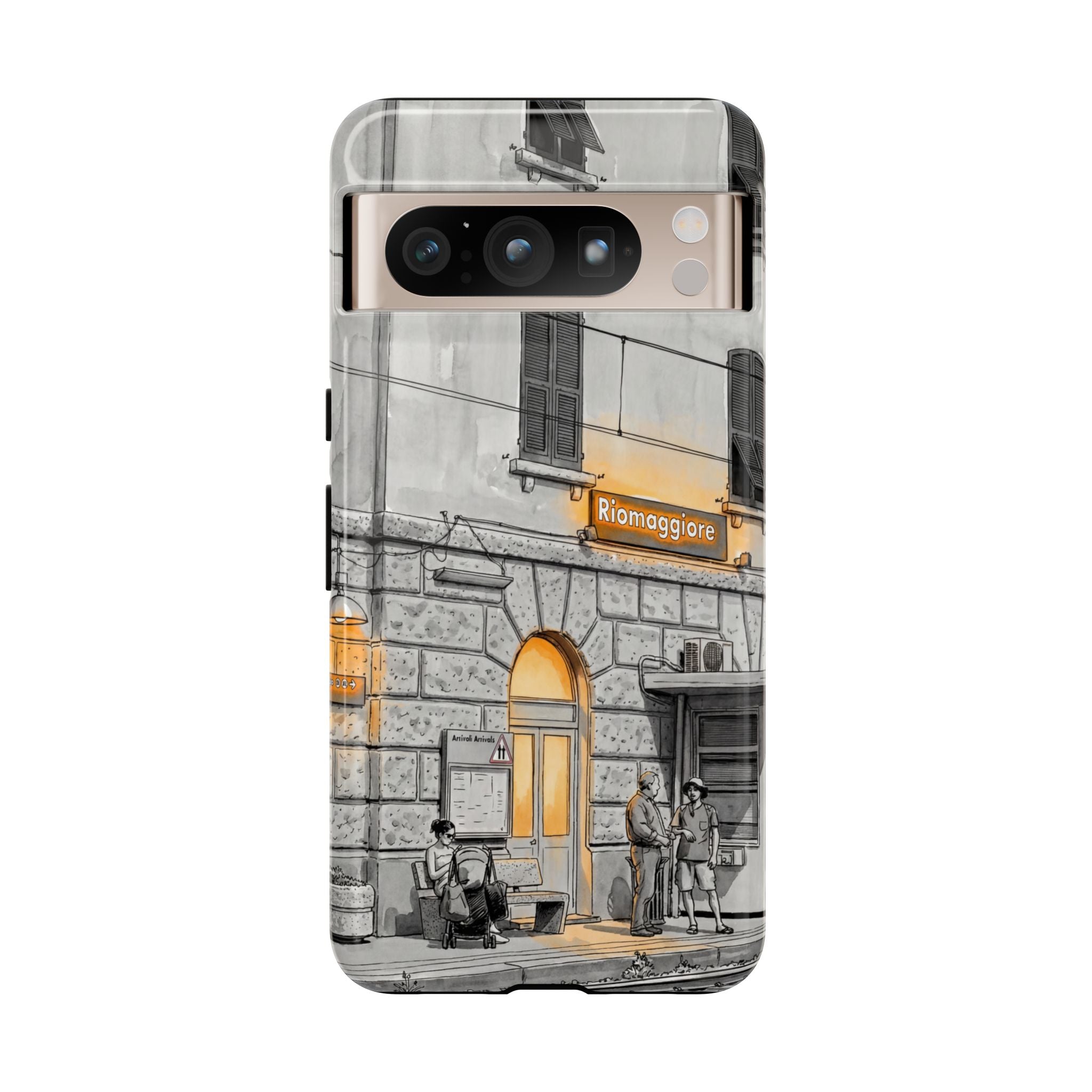 Cinque Terre Train Station Google Pixel Case | Black & White Sketch with Warm Yellow Accents
