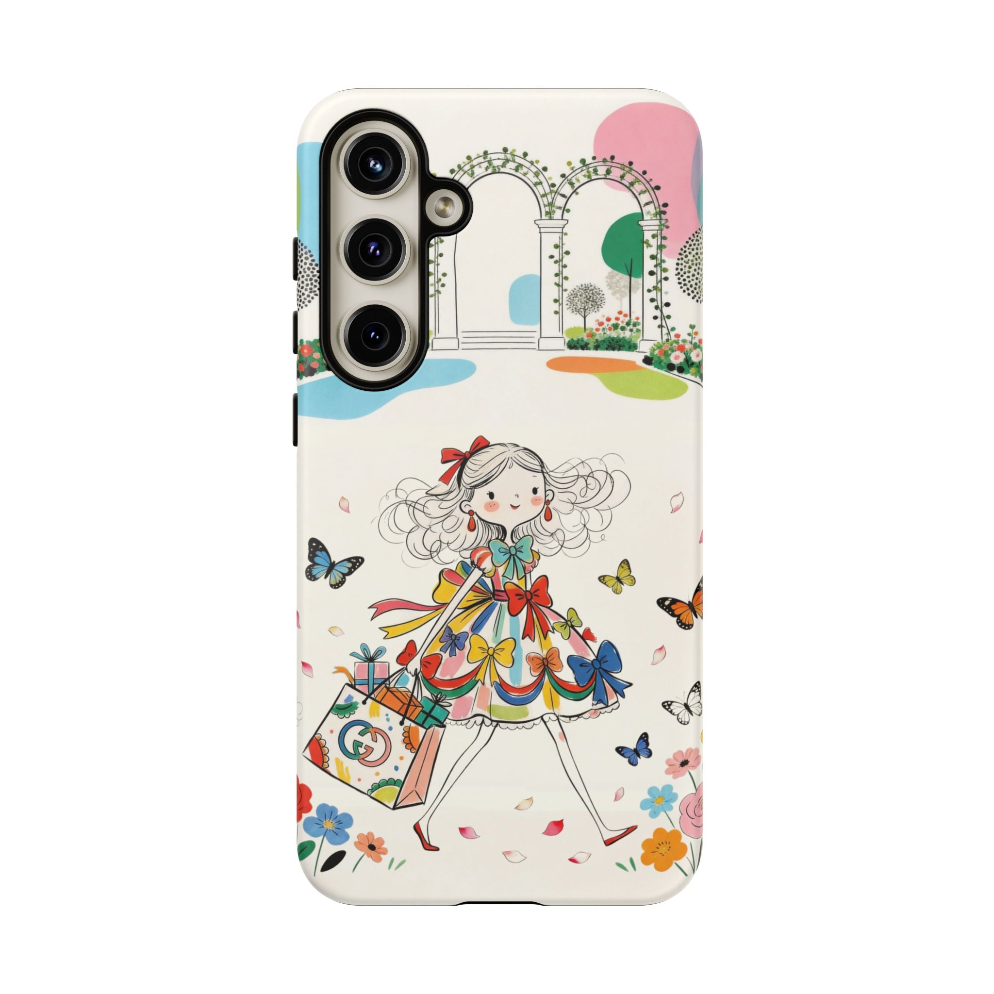 Whimsical Shopping Girl Samsung Galaxy Phone Case | Cute Floral Butterfly Tough Case