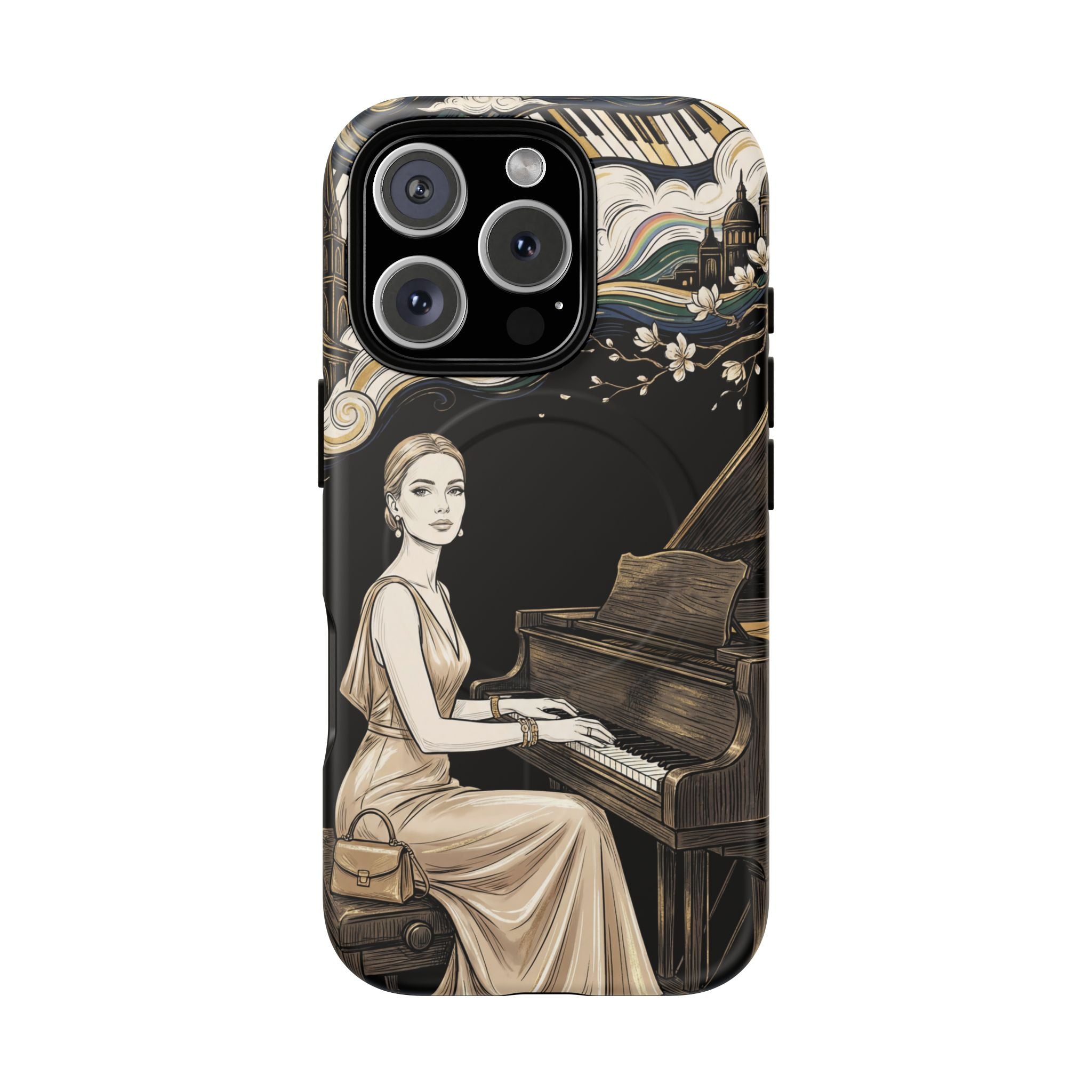 Elegant Piano Woman MagSafe iPhone Case | Vintage Art Deco Music Design