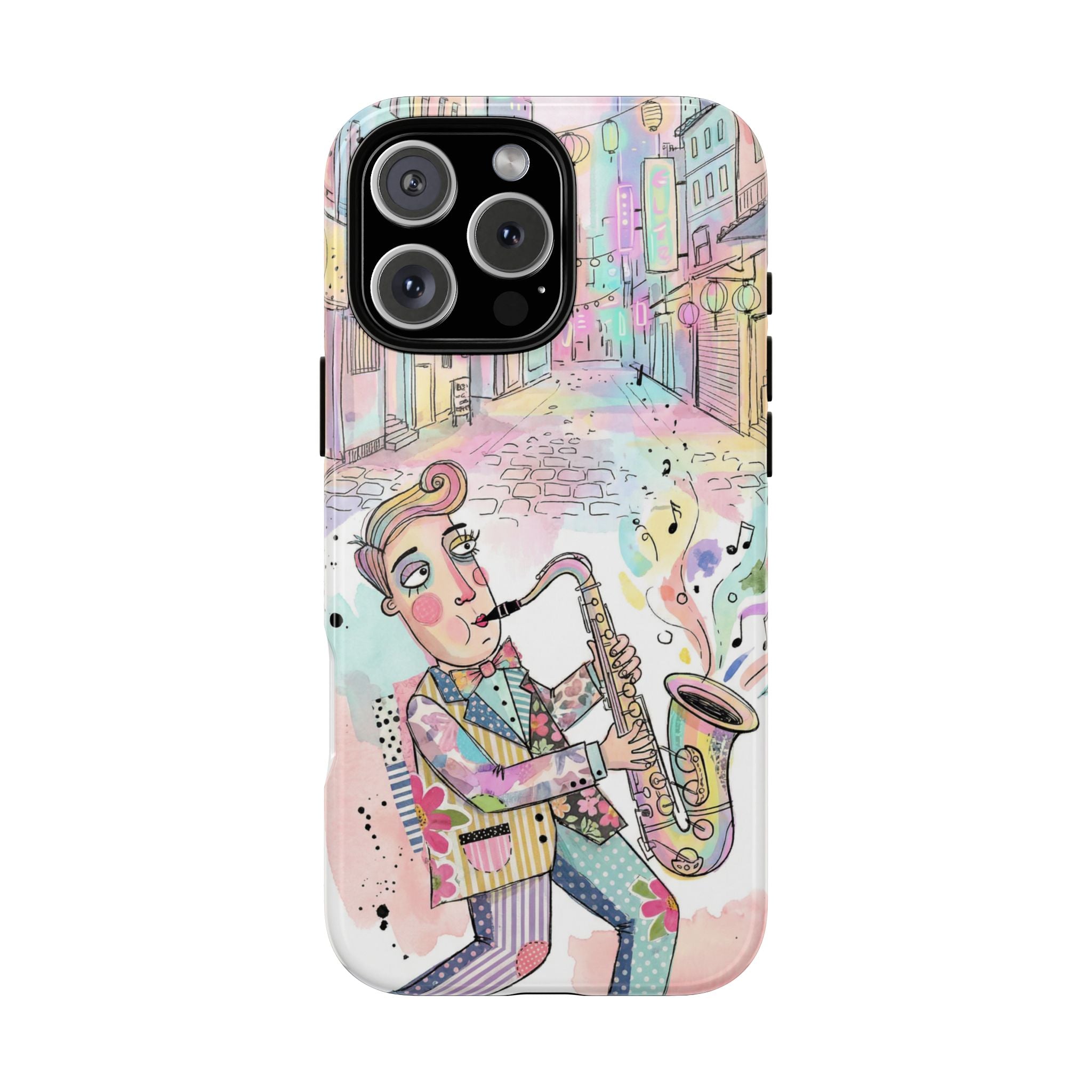 Sax Player Art iPhone Case | Pastel Jazz Street Illustration