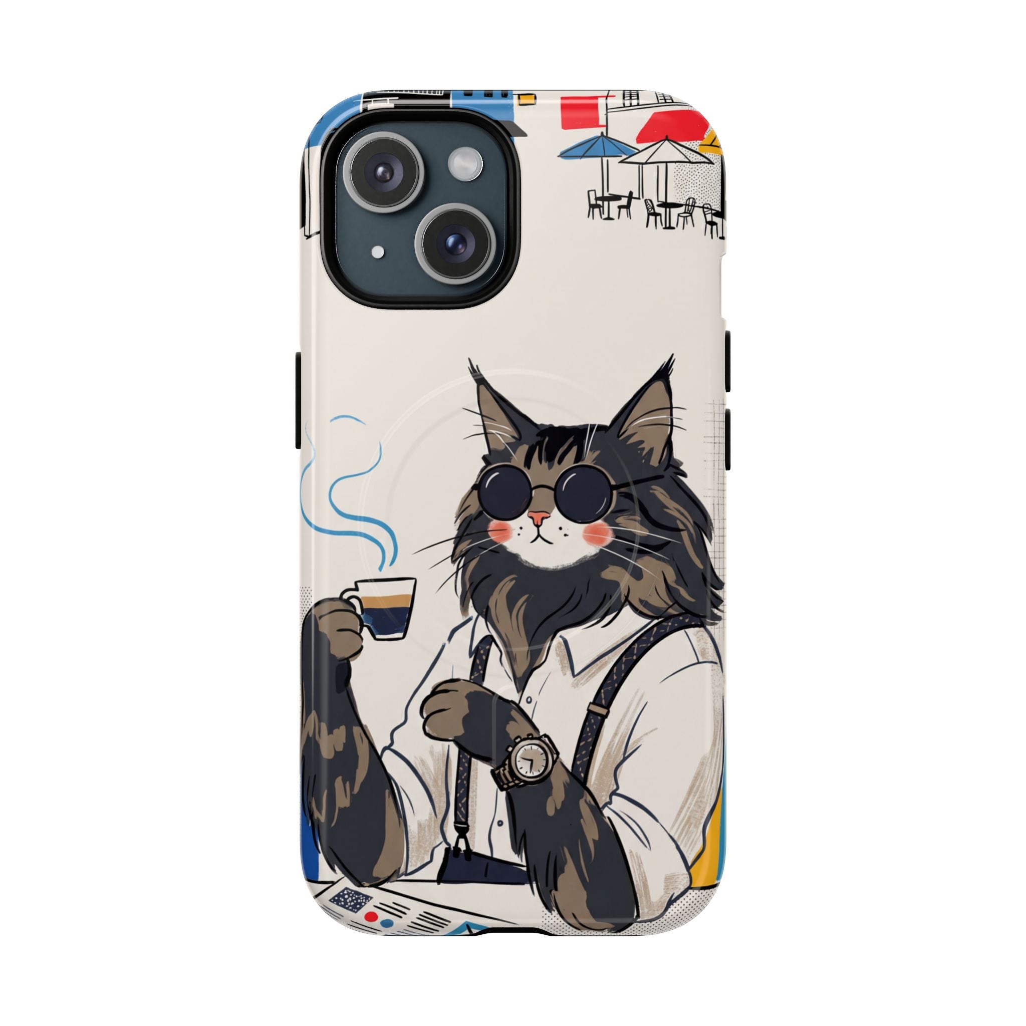 Cat Barista MagSafe iPhone Case | Cool Cat in Sunglasses Coffee Shop Design