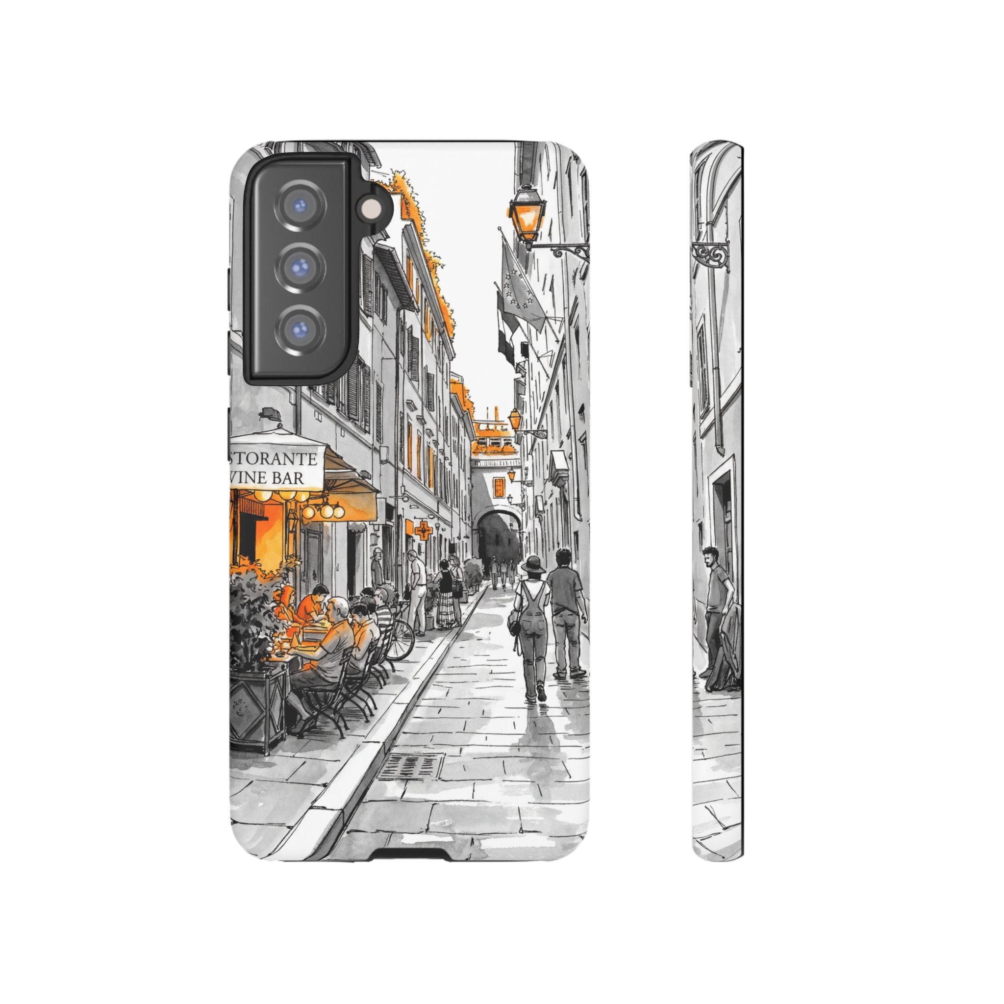 Italy Street Samsung Galaxy Case | Black & White Cityscape with Orange Accents