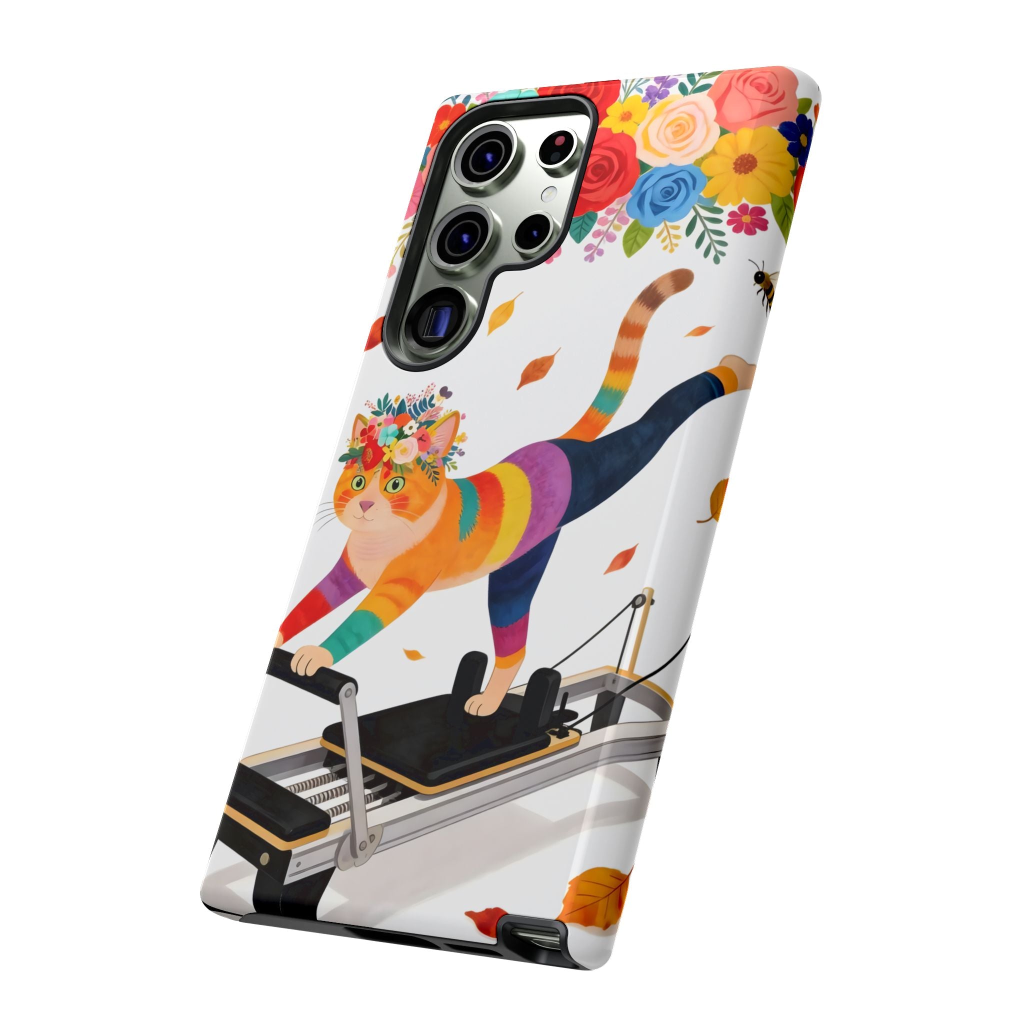 Cat Pilates Samsung Galaxy Phone Case | Floral Rainbow Cat on Reformer