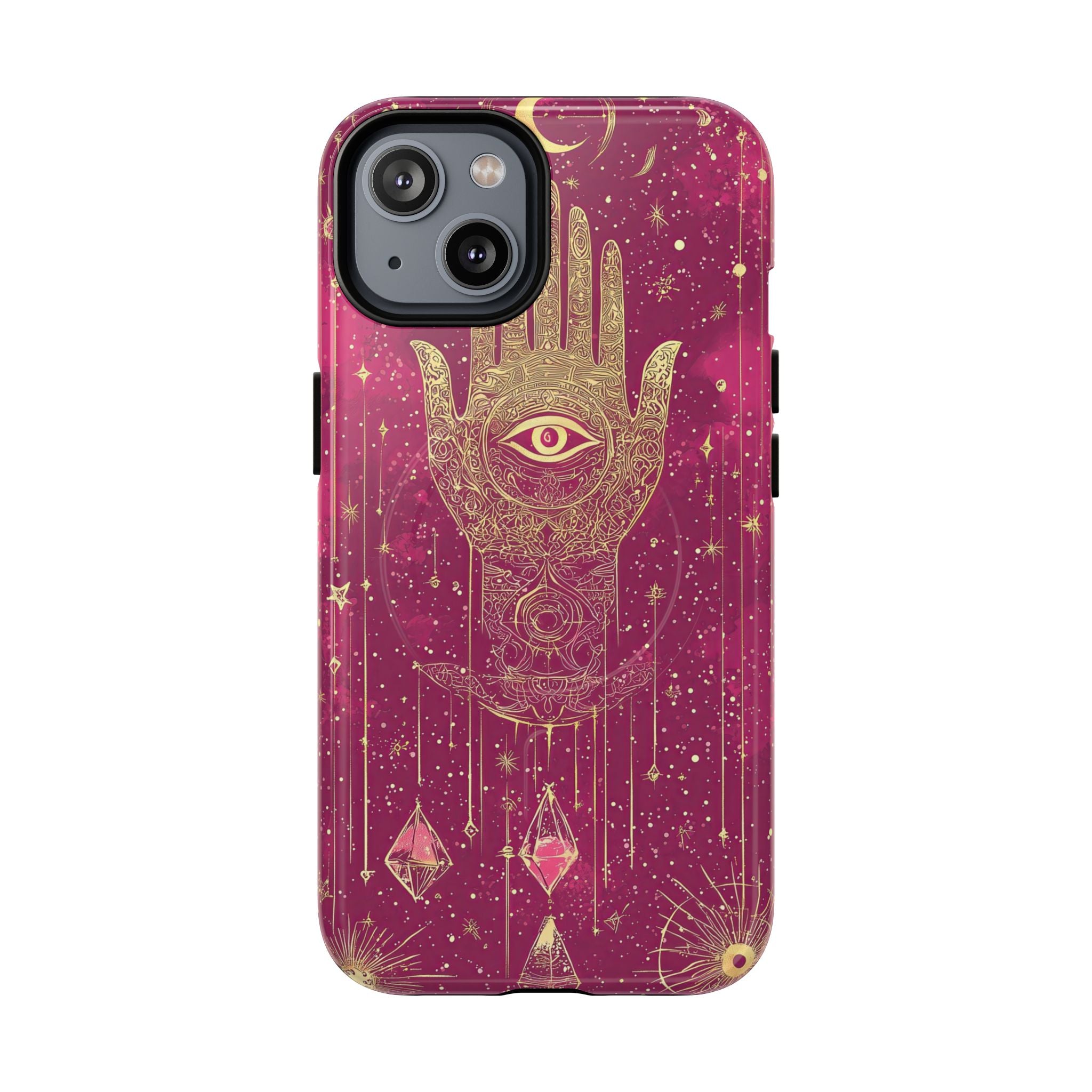 Custodia MagSafe per iPhone Mystic Hamsa | Palma dorata e occhio onniveggente su galassia magenta