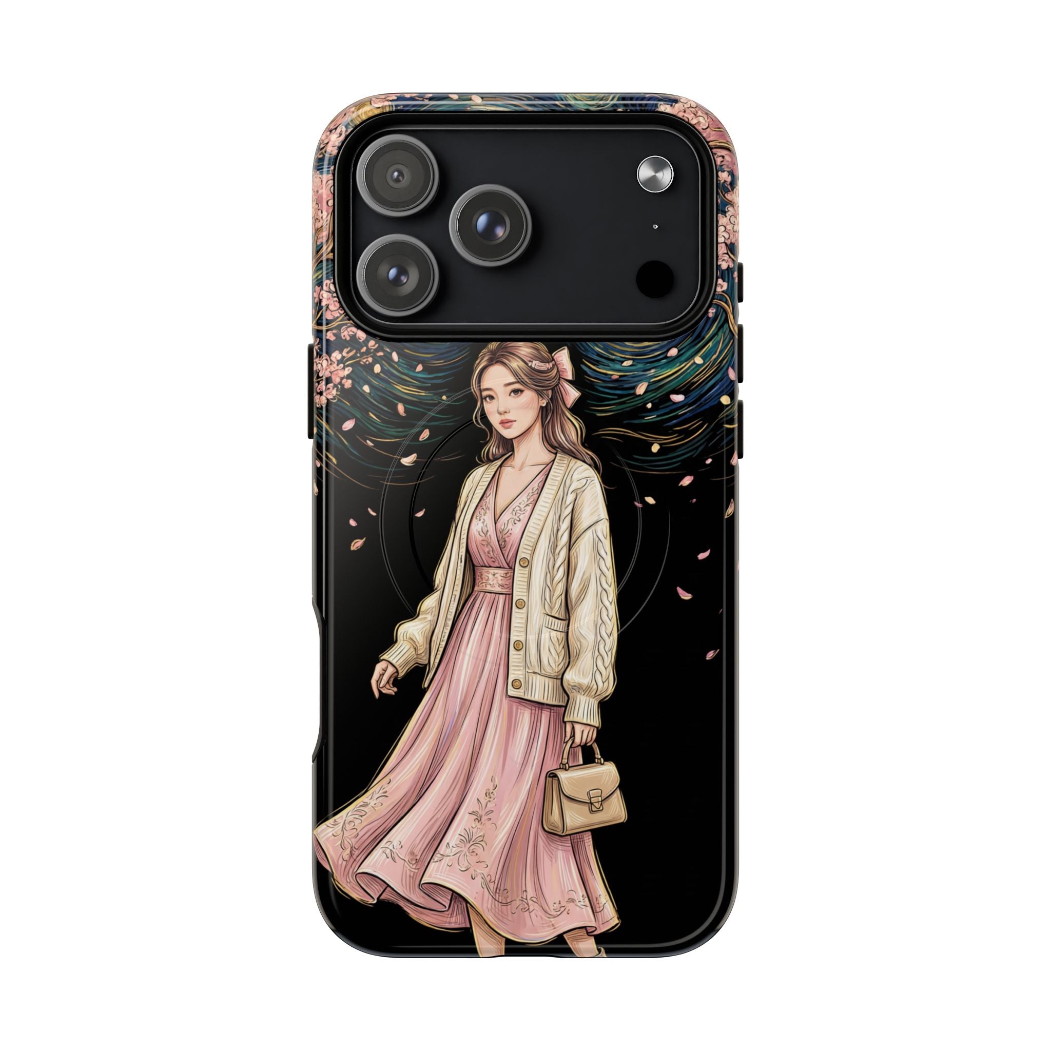Floral Starry Night MagSafe iPhone Case | Elegant Girl in Pink Dress