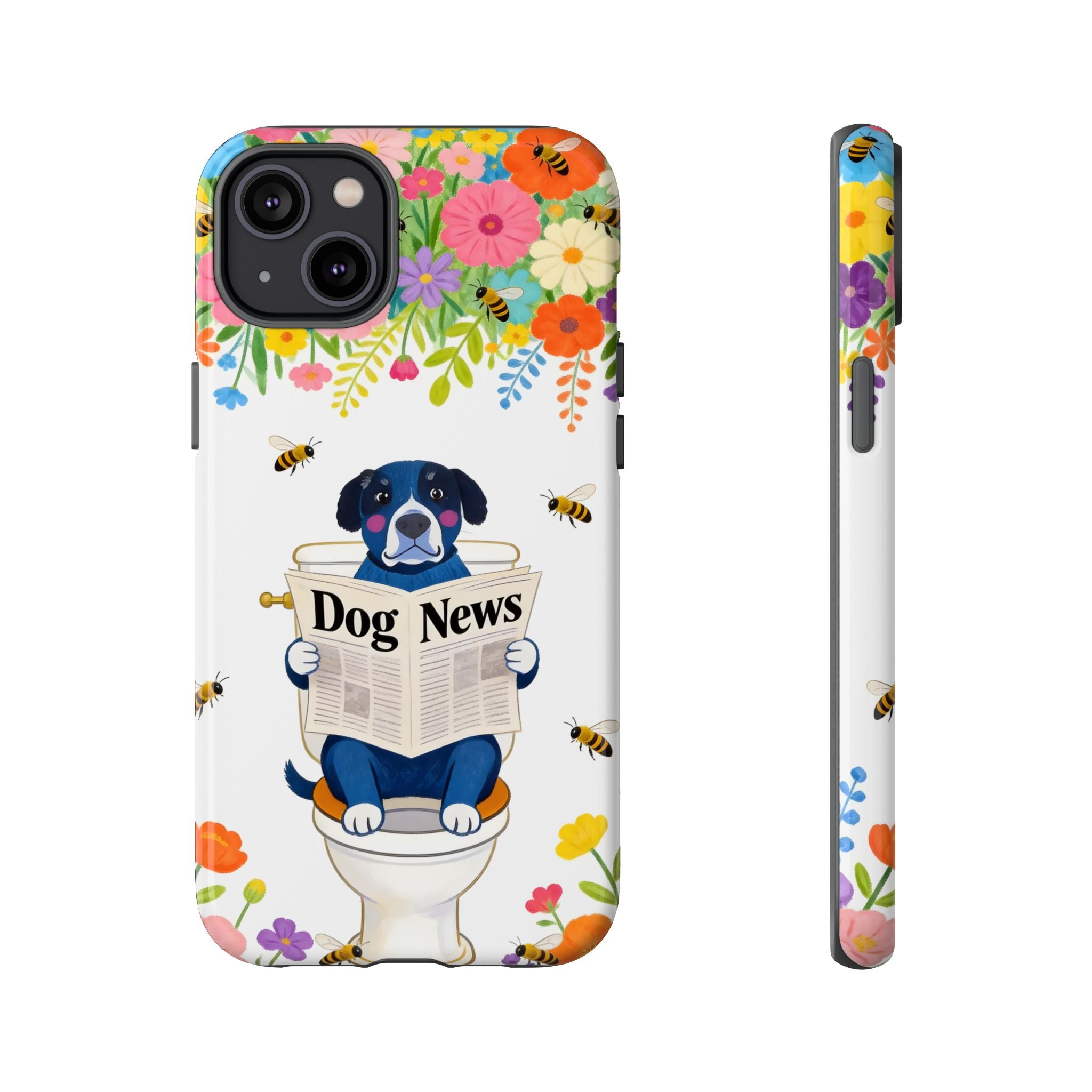 Dog News Floral iPhone Case | Cute Dog on Toilet Pattern, Spring Floral iPhone Cover
