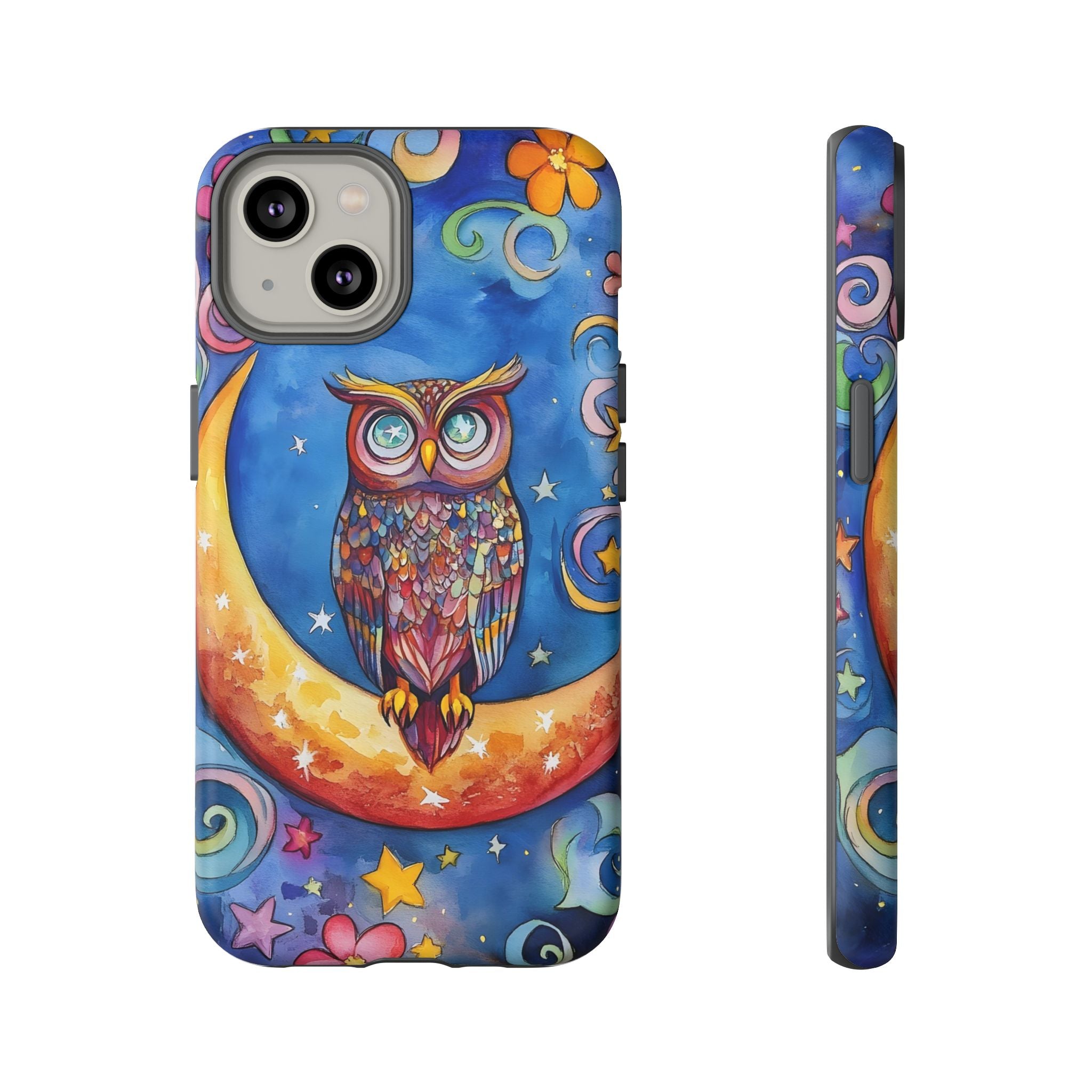 Owl on Crescent Moon iPhone Case — Colourful Whimsical Night Sky Design