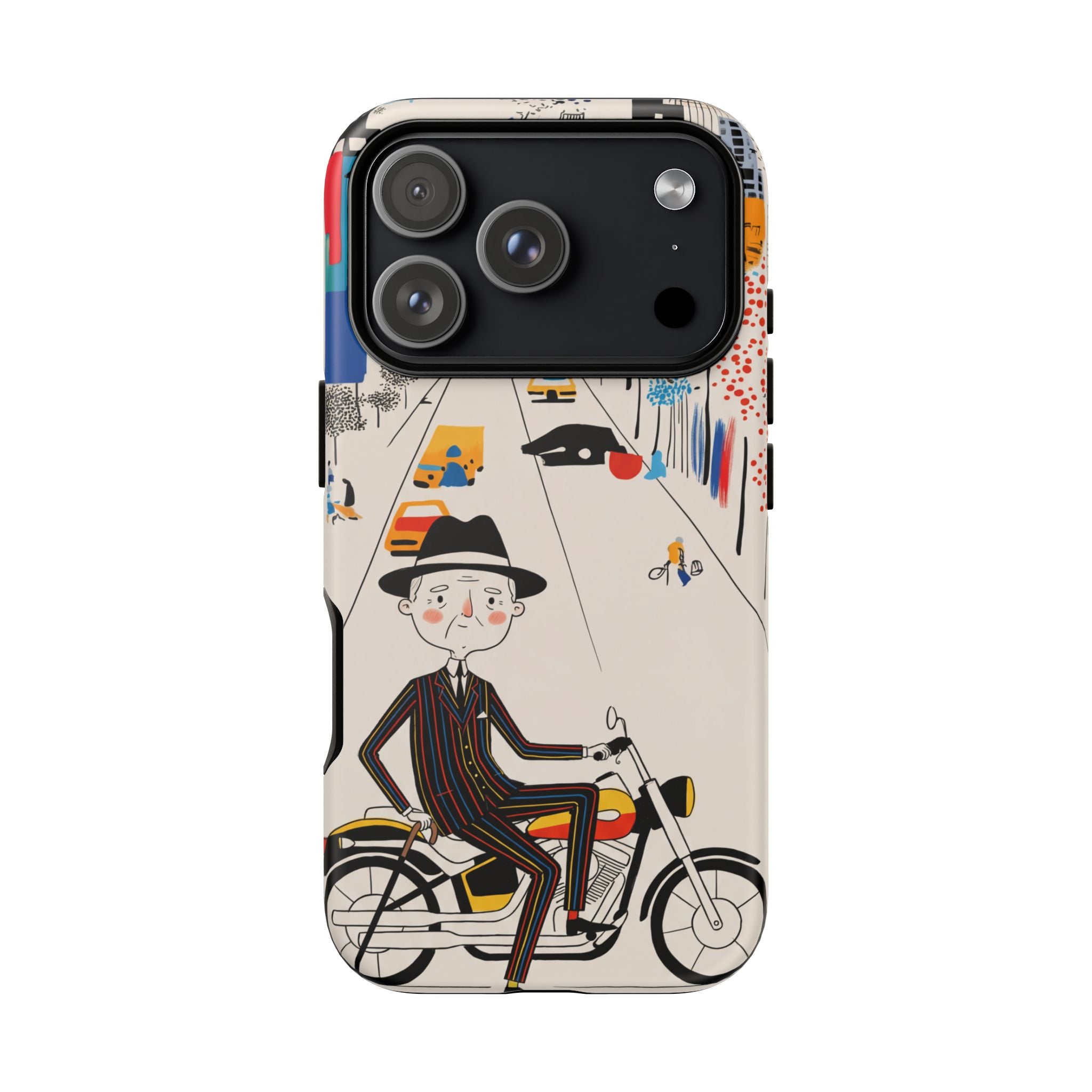 Vintage Grandpa Rider Motorcycle iPhone Case | Illustrated Cityscape