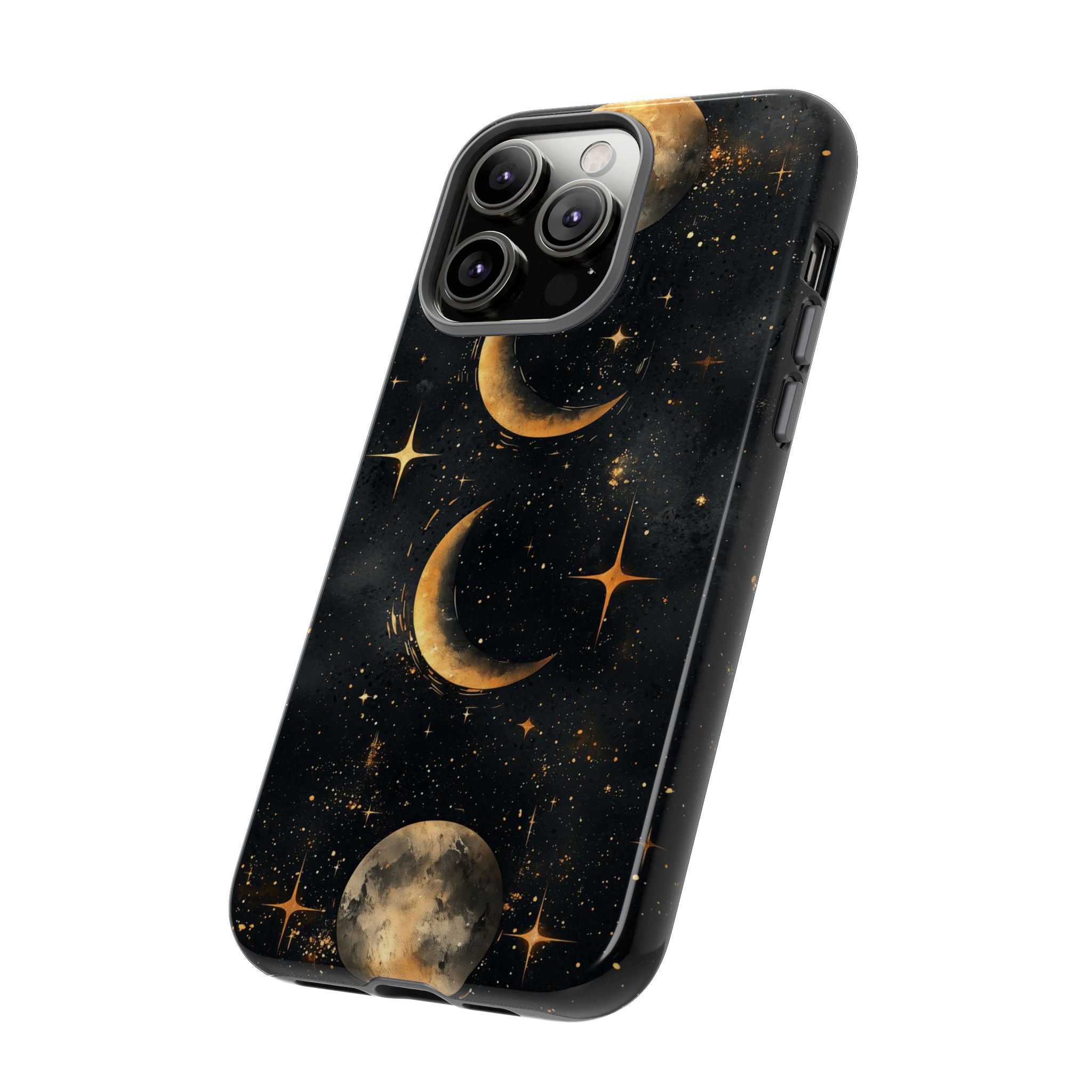 Celestial Moon Phases Tough iPhone Case | Gold Crescent & Full Moon Galaxy Design