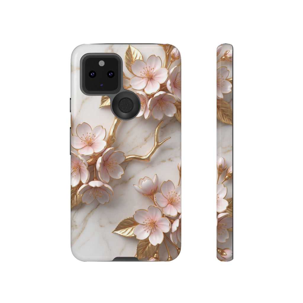 Custodia rigida per Google Pixel con motivo floreale in marmo — Custodia rigida con motivo Sakura Gold Cherry Blossom