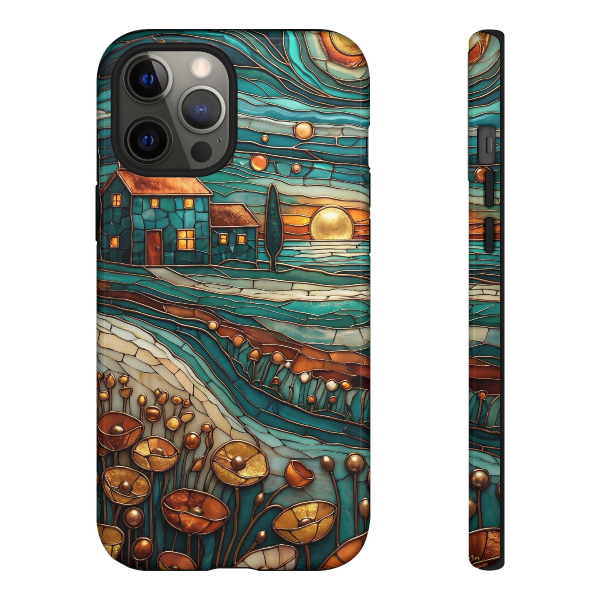 Artistic Sunset Cottage iPhone Case | Whimsical Floral Landscape Protective Cover
