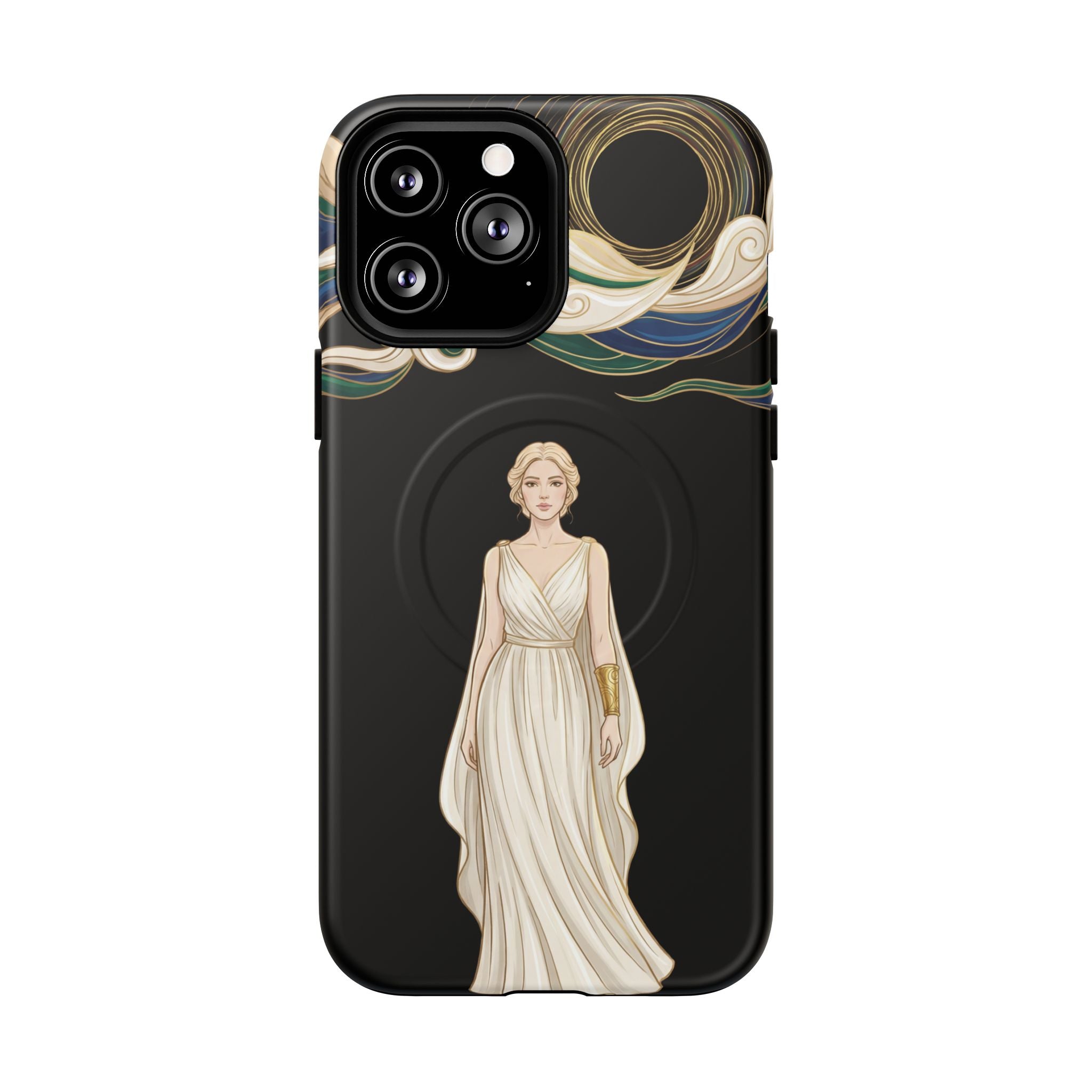 Art Nouveau Goddess MagSafe iPhone Case | Elegant Woman Illustration on Black
