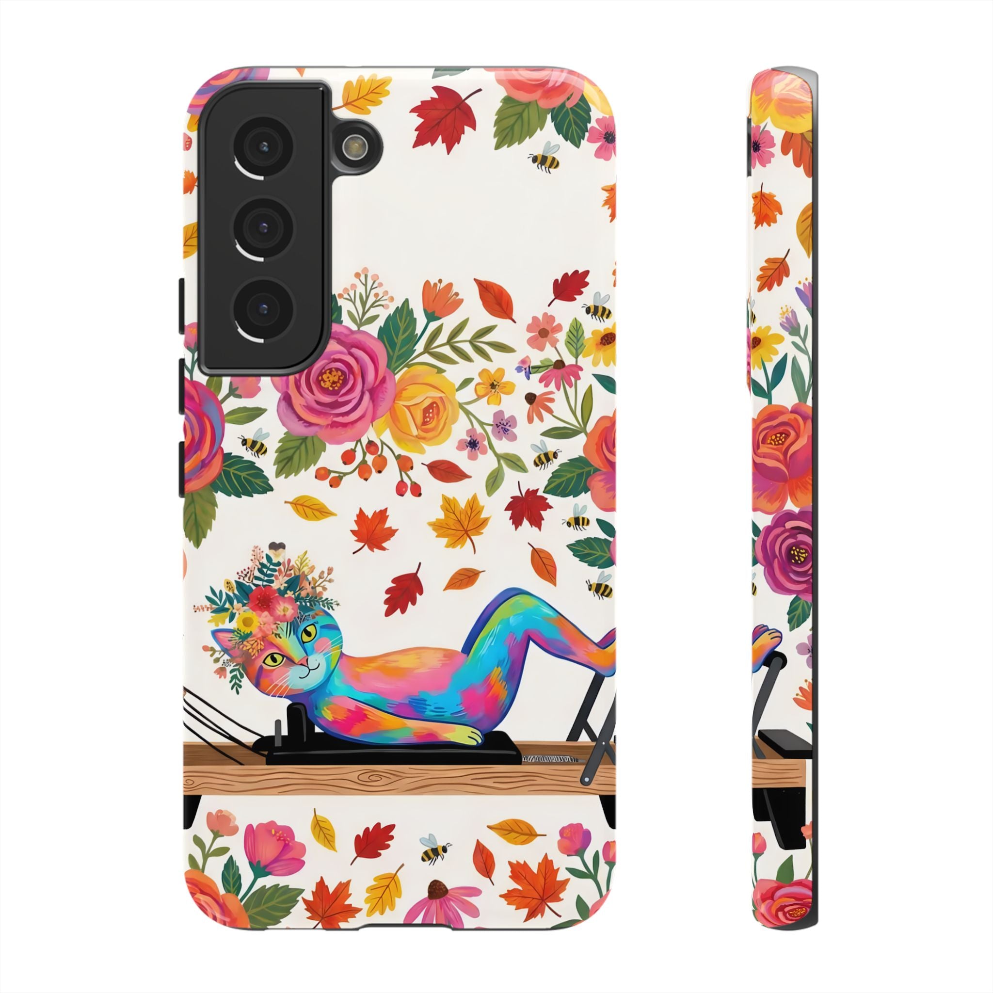 Autumn Floral Pilates Samsung Galaxy Phone Case | Colorful Rainbow Pilates Figure on Falling Leaves