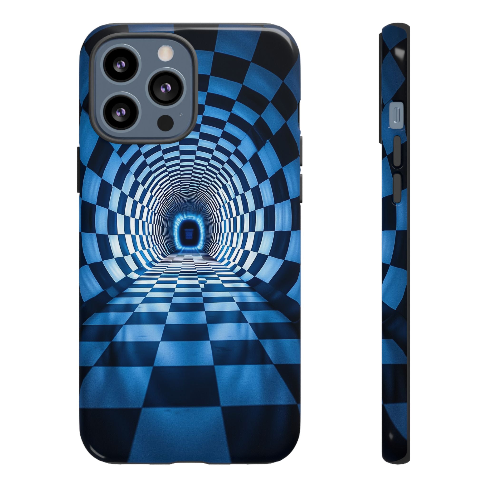 Blue Checkered Tunnel iPhone Case — 3D Optical Illusion Tough Case