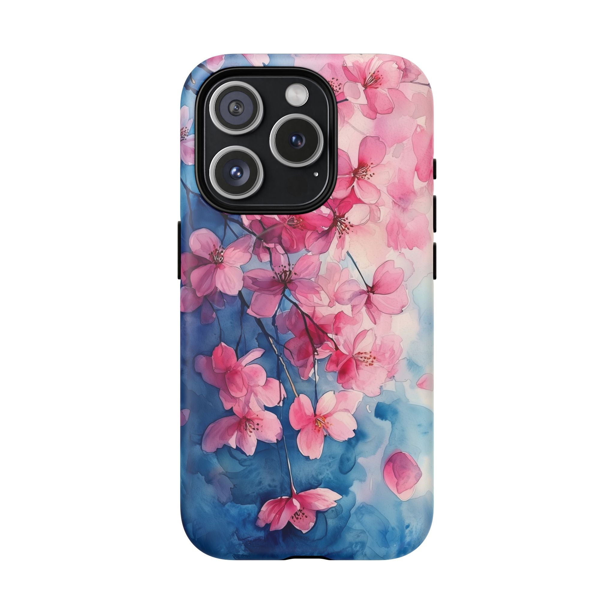 Custodia MagSafe per iPhone con motivo floreale di ciliegio in fiore | Acquerello rosa e blu