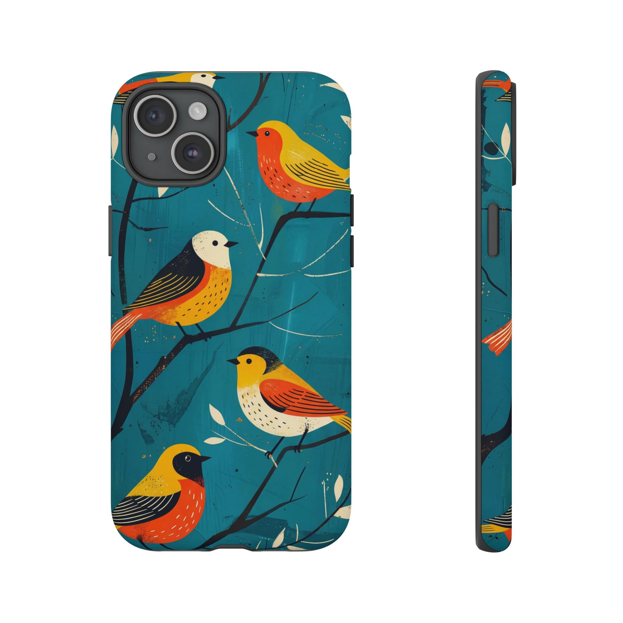 Bird Pattern Tough iPhone Case | Colourful Songbirds on Teal Background