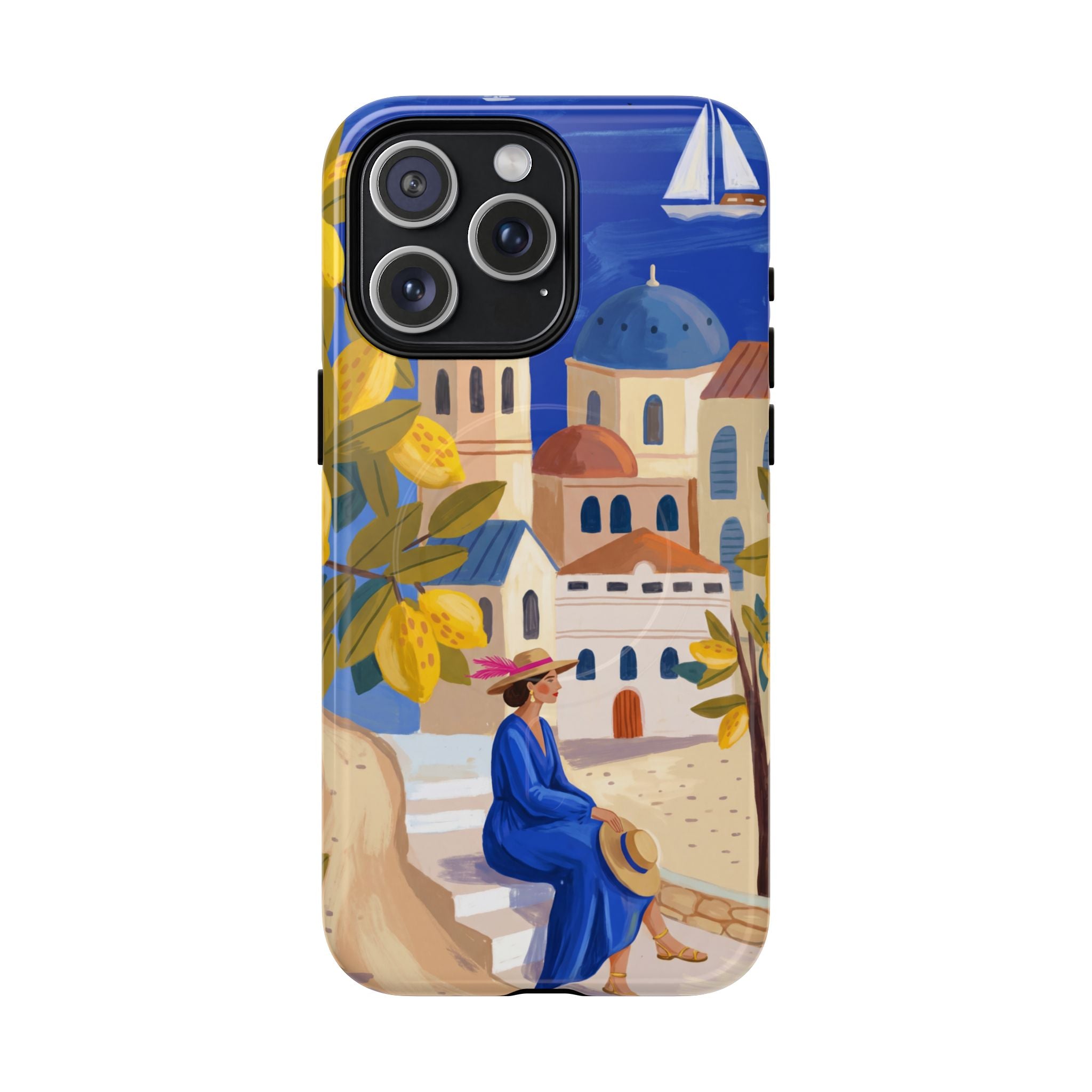 Mediterranean Village MagSafe iPhone Case | Scenic Sailboat & Lemon Grove Design