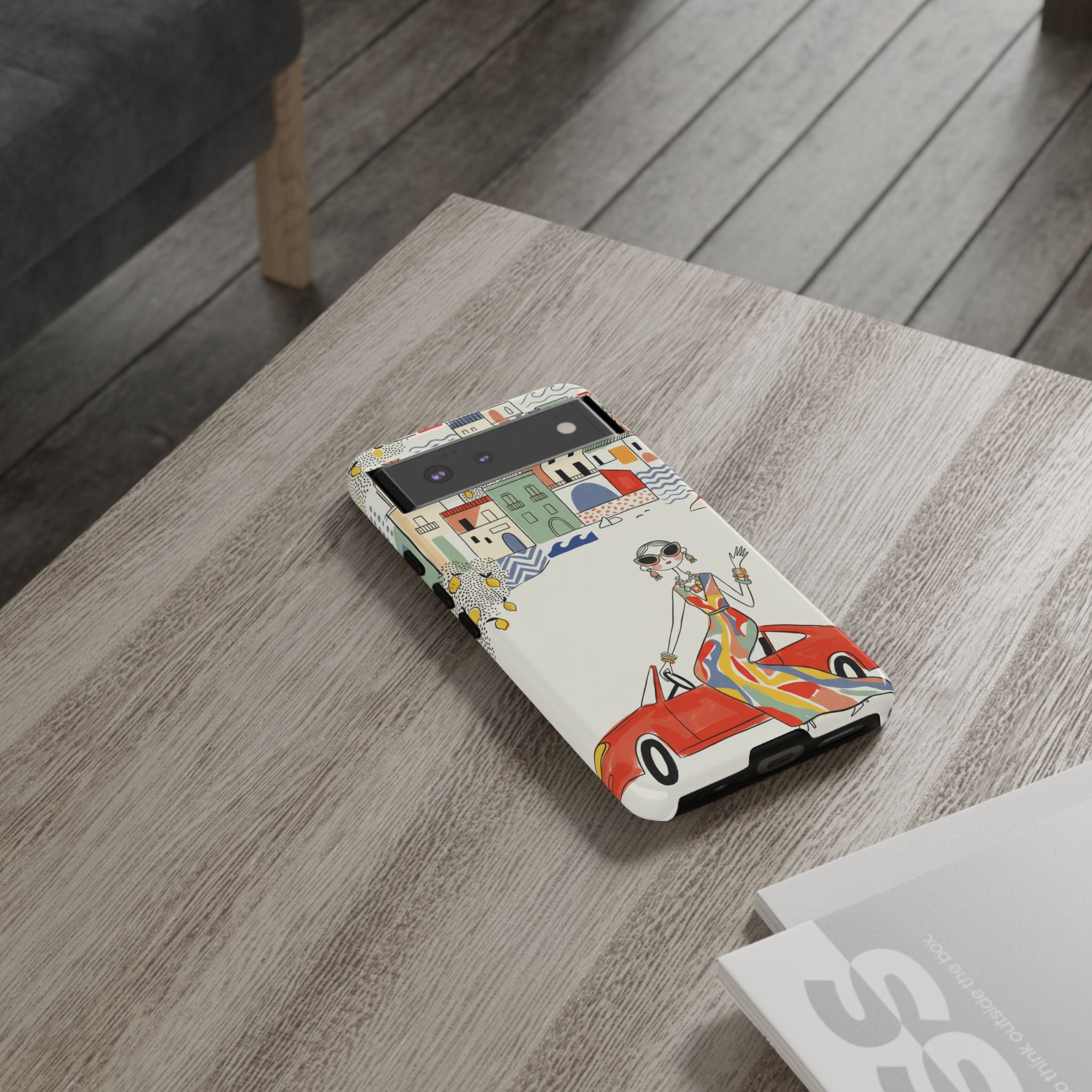 Stylish Riviera Google Pixel Phone Case | Chic Retro Woman in Convertible Design