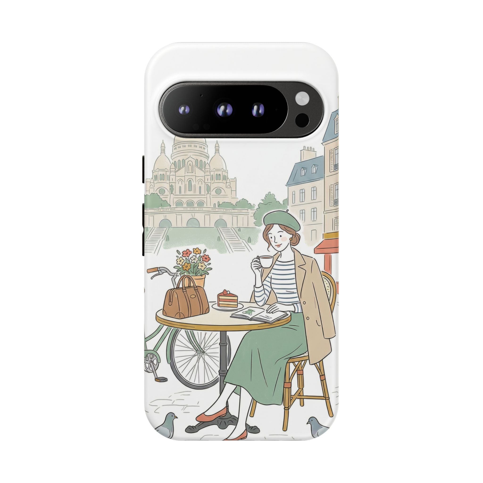 Paris Cafe Illustration Google Pixel Phone Case | Vintage Bicycles & Pigeons Protective Cover