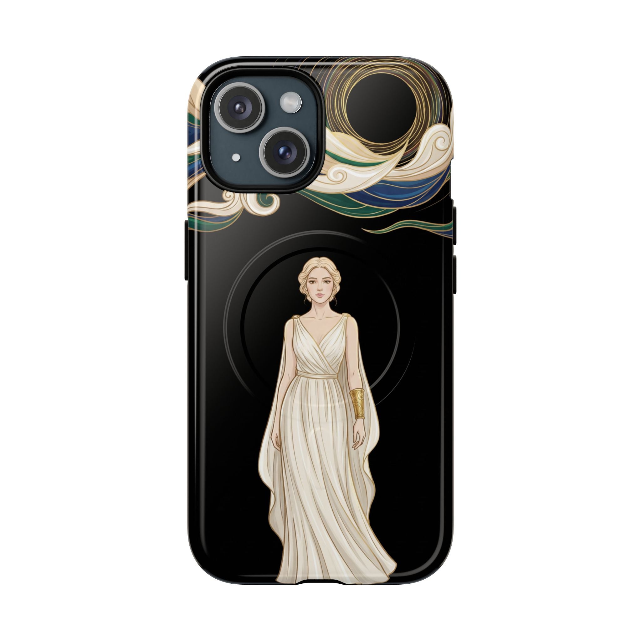 Art Nouveau Goddess MagSafe iPhone Case | Elegant Woman Illustration on Black
