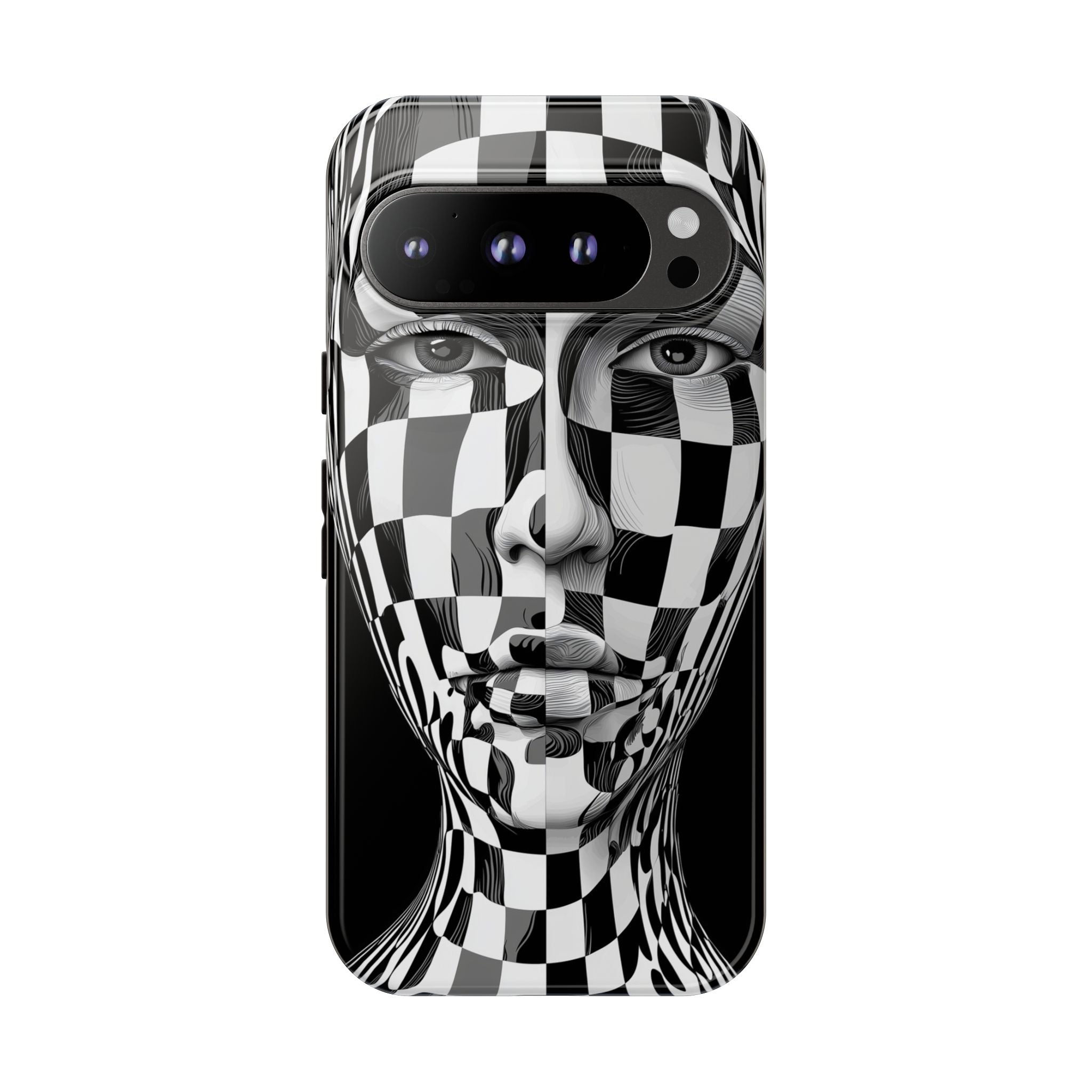 Checkerboard Face Tough Google Pixel Case — Black & White Surreal Art Protective Cover
