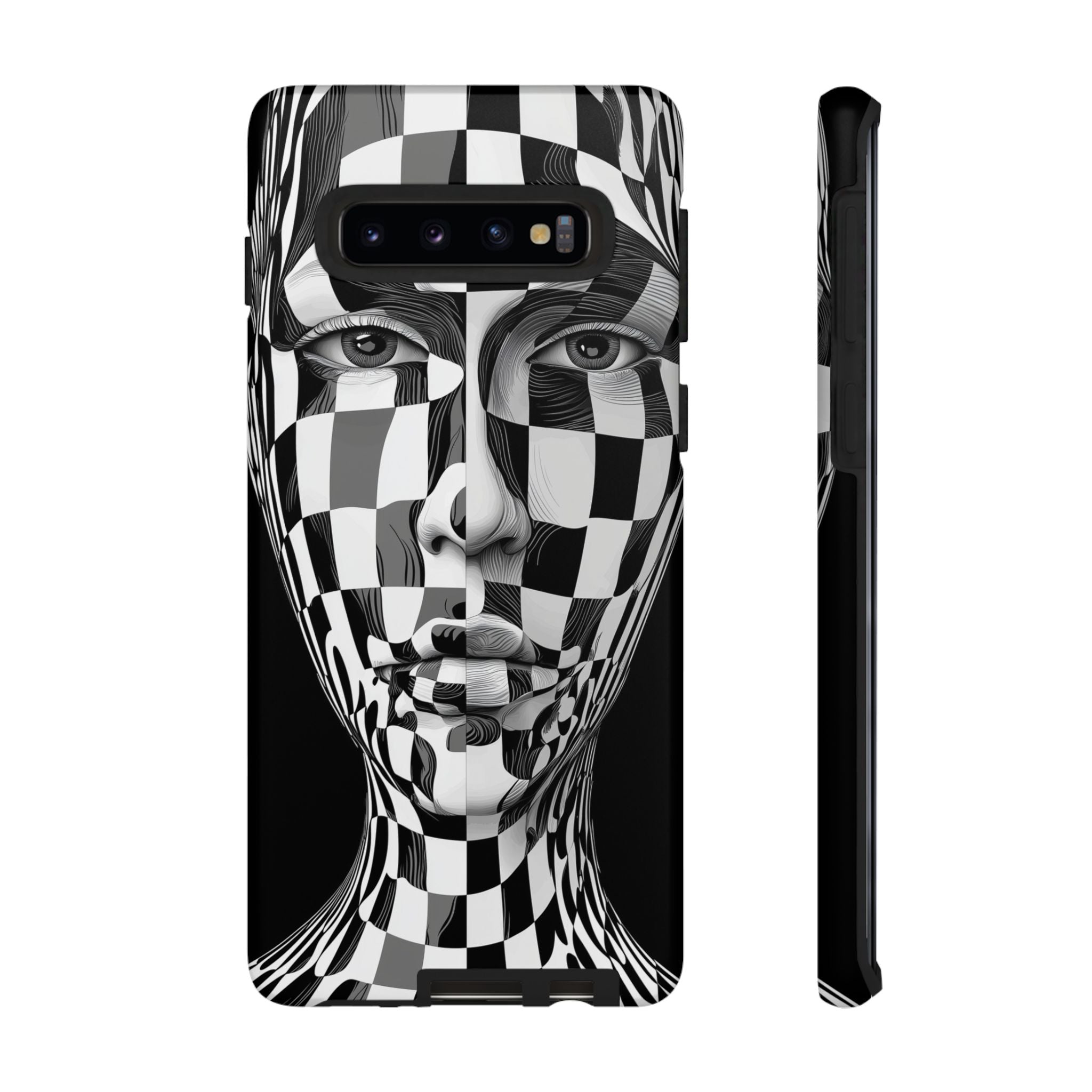 Checkerboard Face Tough Samsung Galaxy Case — Black & White Surreal Art Protective Cover