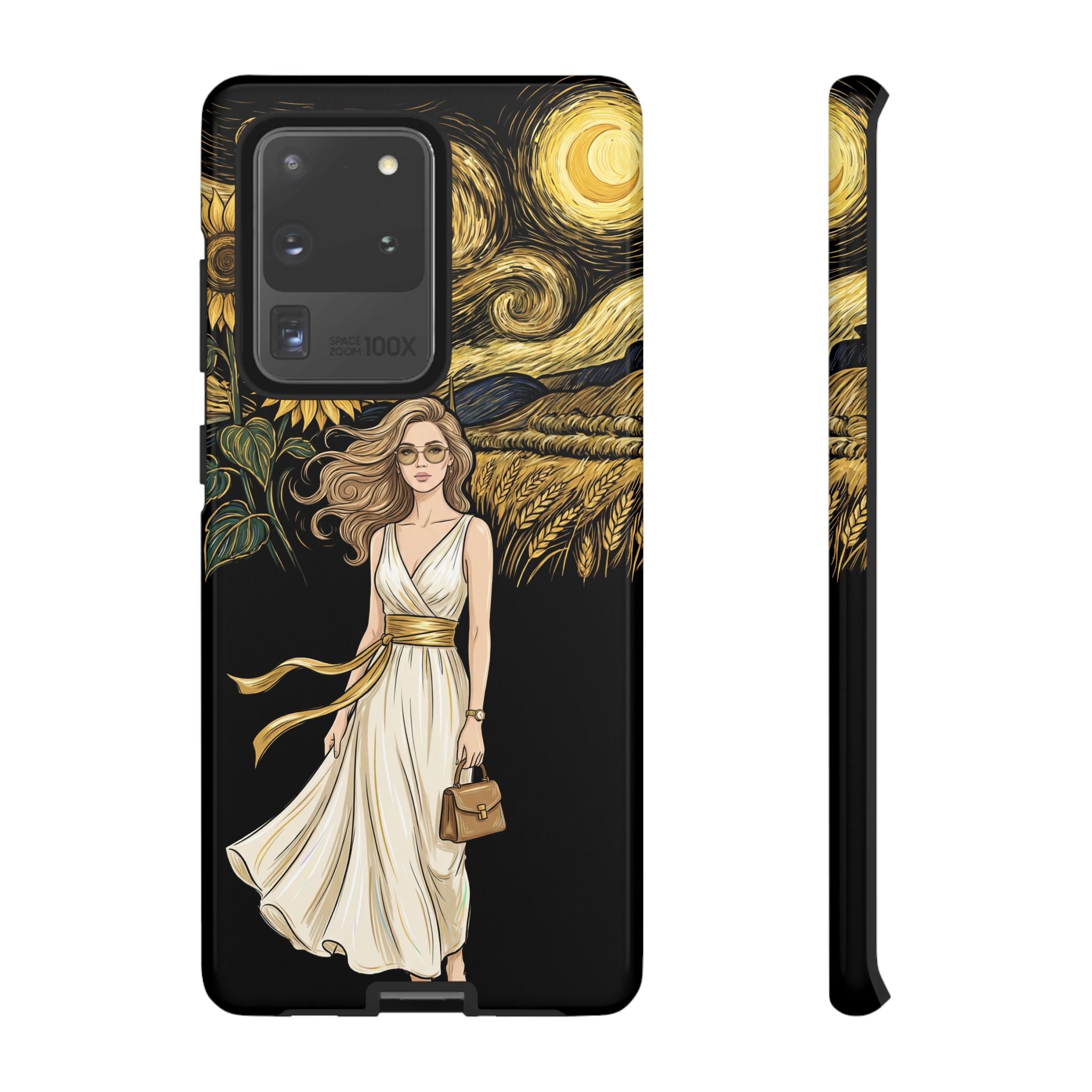 Sunflower Night Samsung Galaxy Phone Case | Woman in Flowing Dress Van Gogh Style